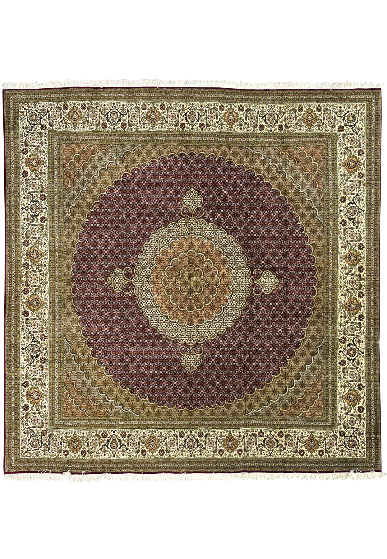 10x10 Tabriz 50 Raj Persian square rug full view with central medallion, ivory border, and burgundy floral field handmade in wool and silk.