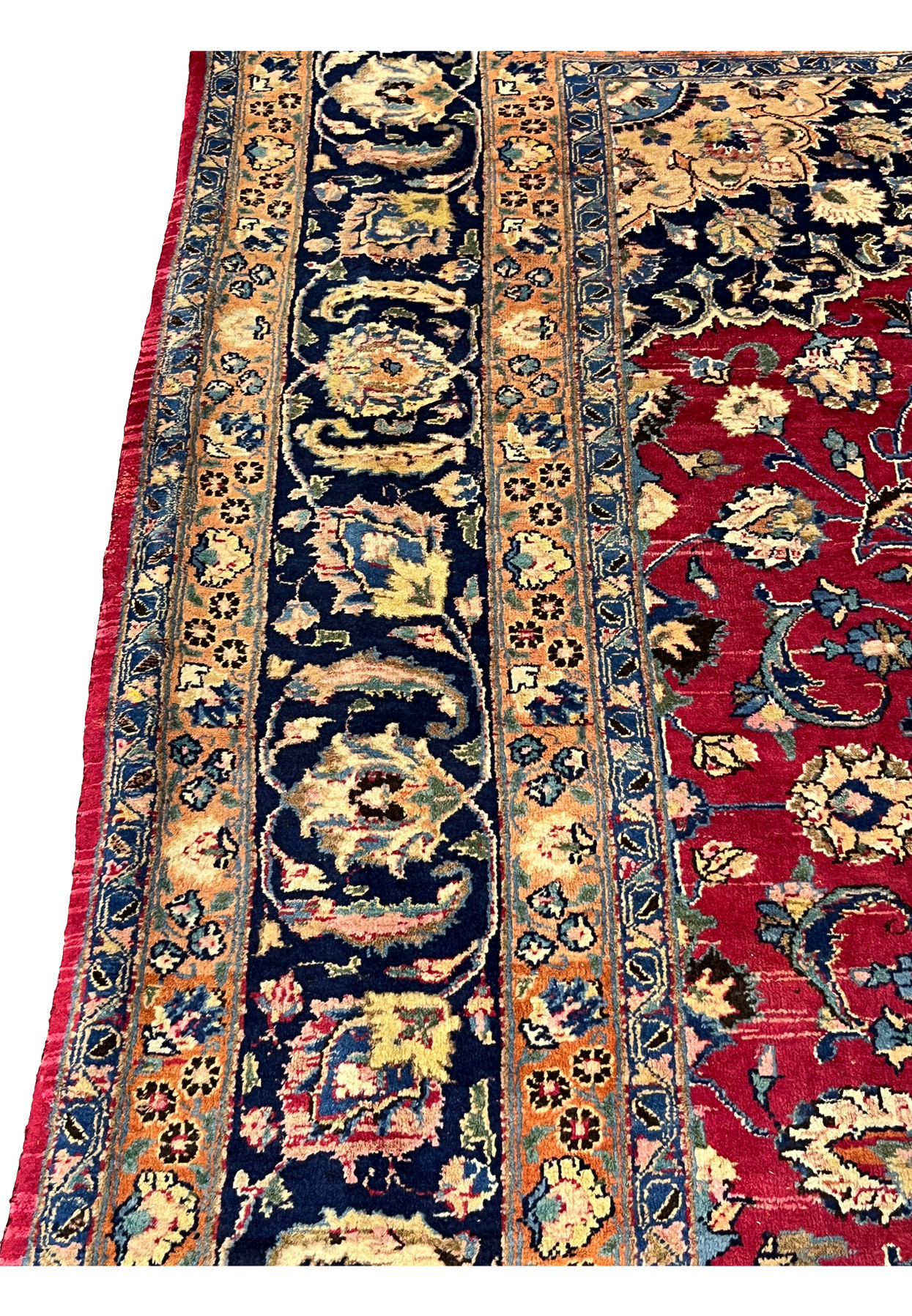 Border close-up of Mashad Rug with navy, beige, and gold floral designs