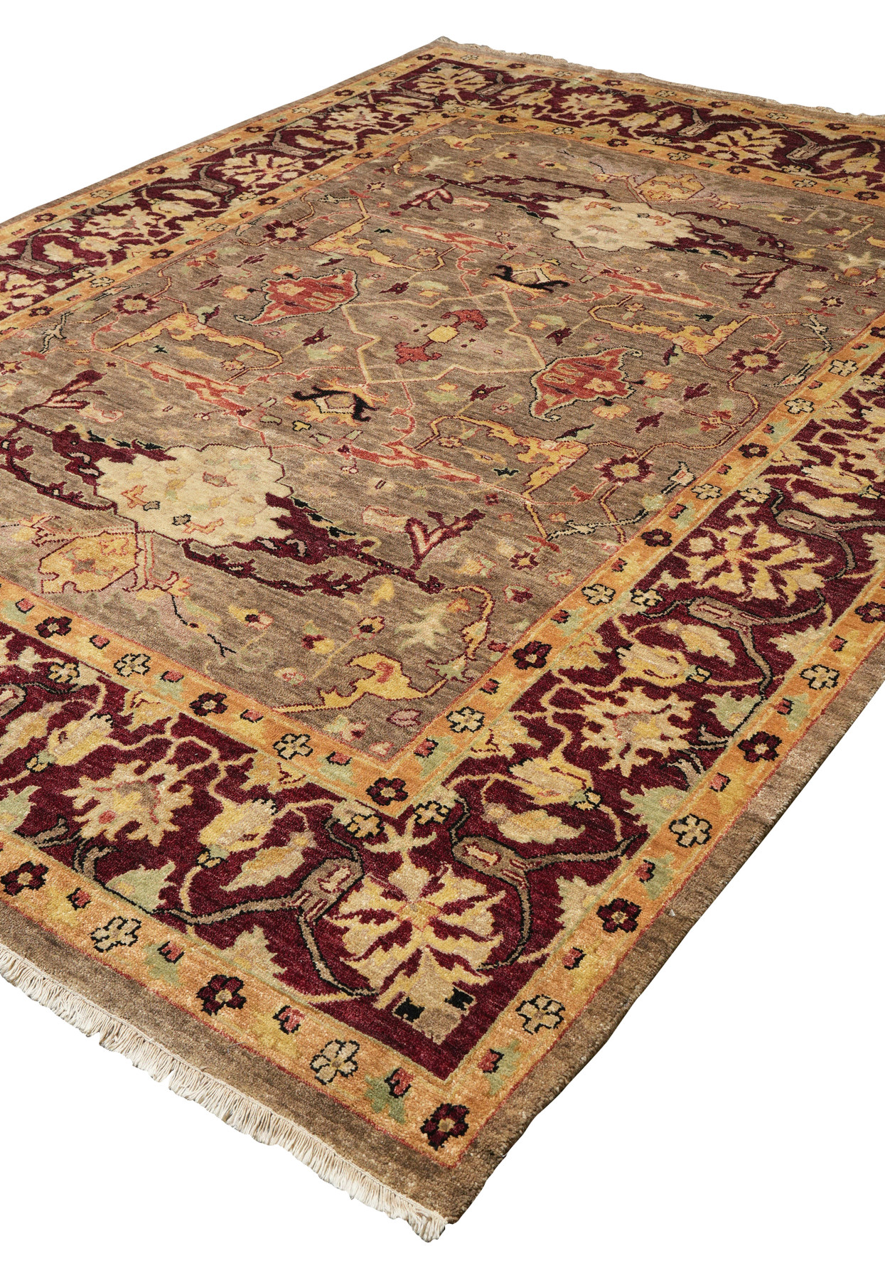Angled view of 8'4 x 10 Handmade Chobi Peshawar Rug with taupe field and burgundy border