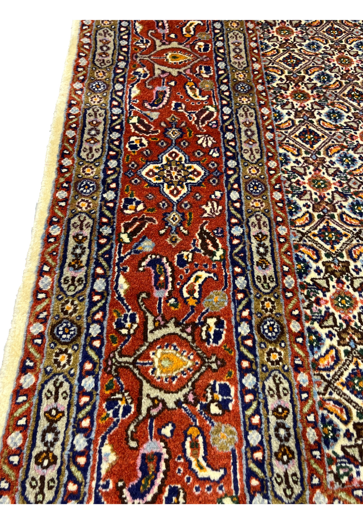Side border close-up with geometric motifs, rosettes, and vine scrolls.