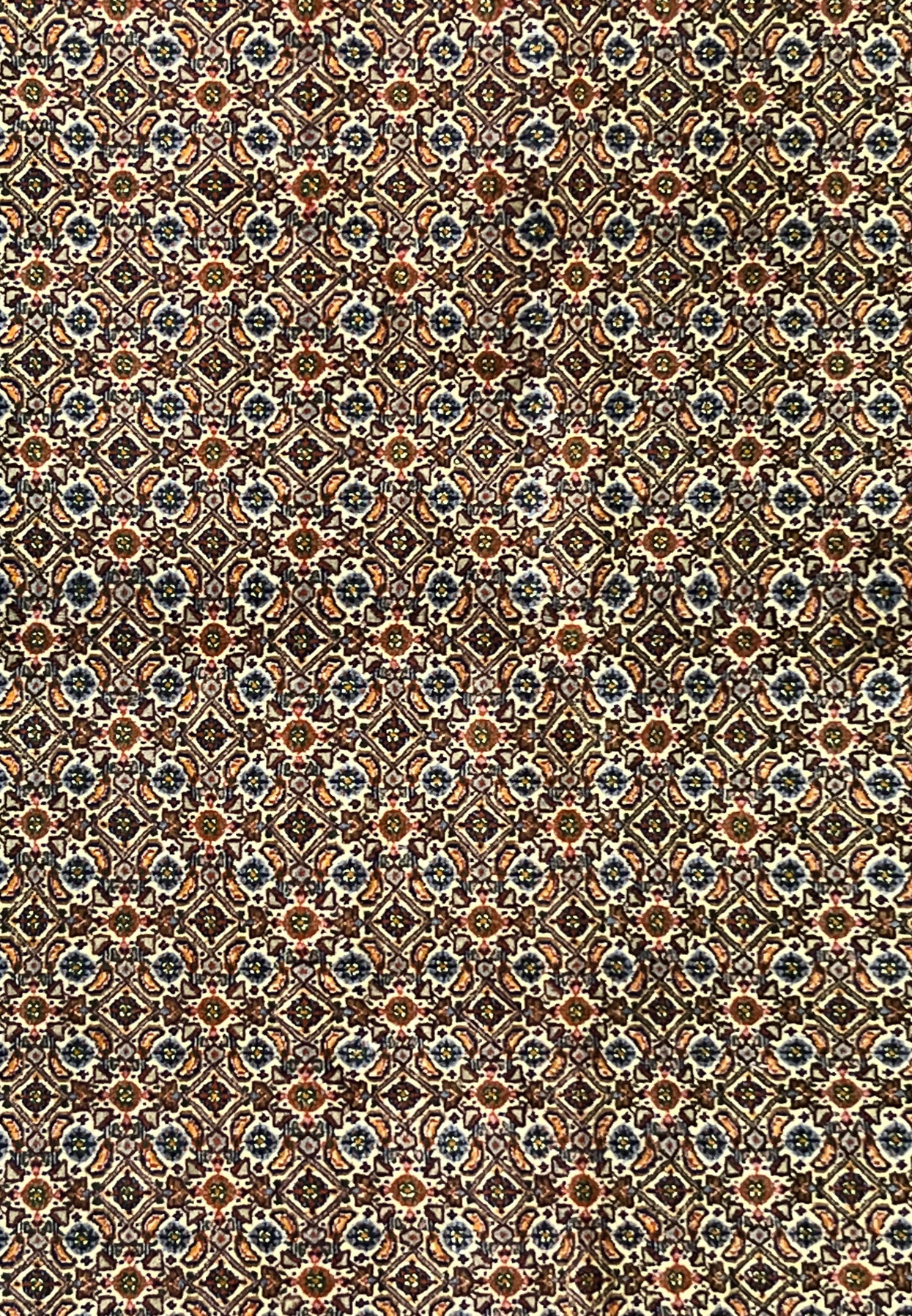 Close-up of rug’s midfield with repeating diamond rosettes and intricate Herati details.