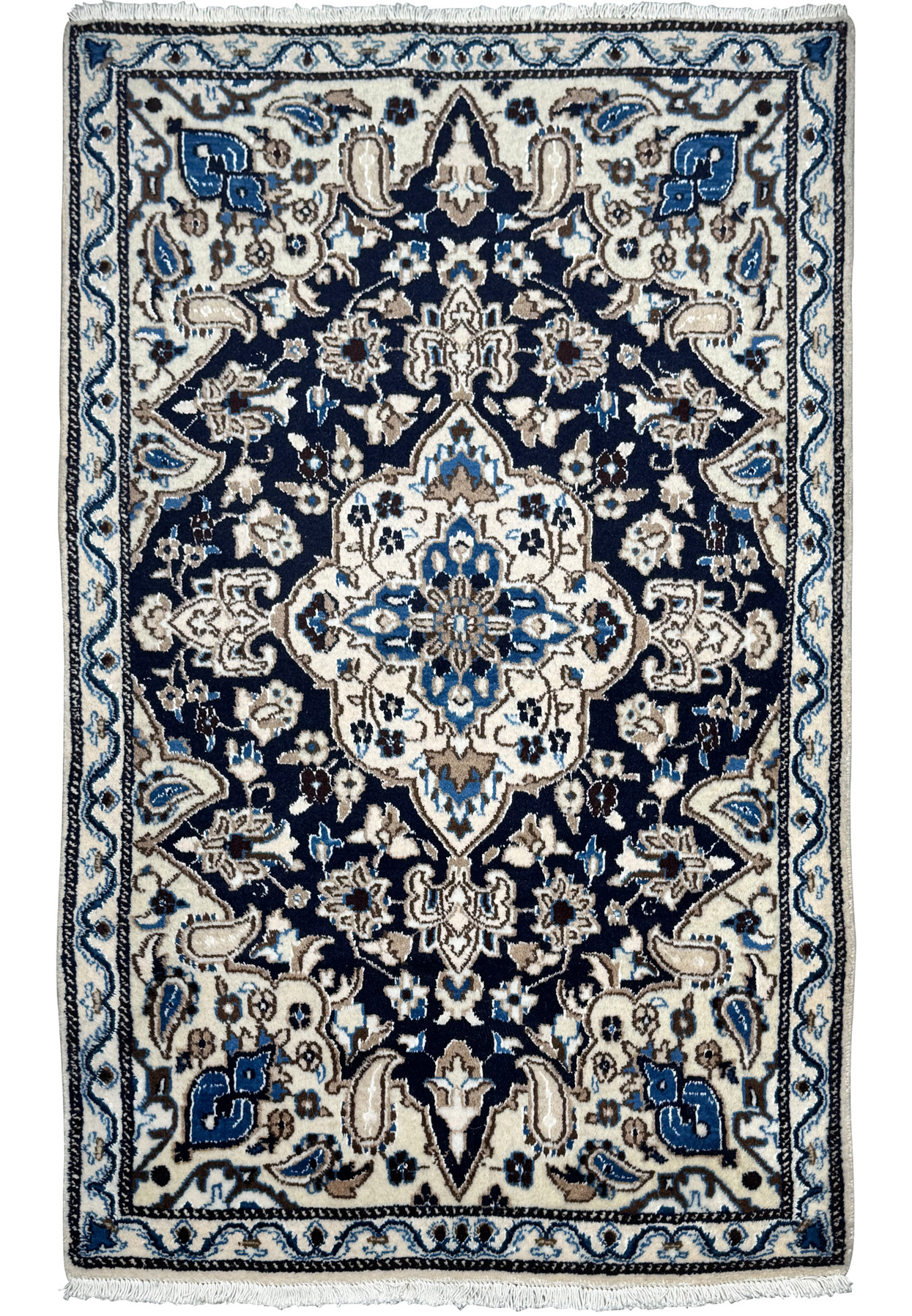 Full view of 3 x 4'8 Navy Blue Nain Persian Rug handmade in Iran