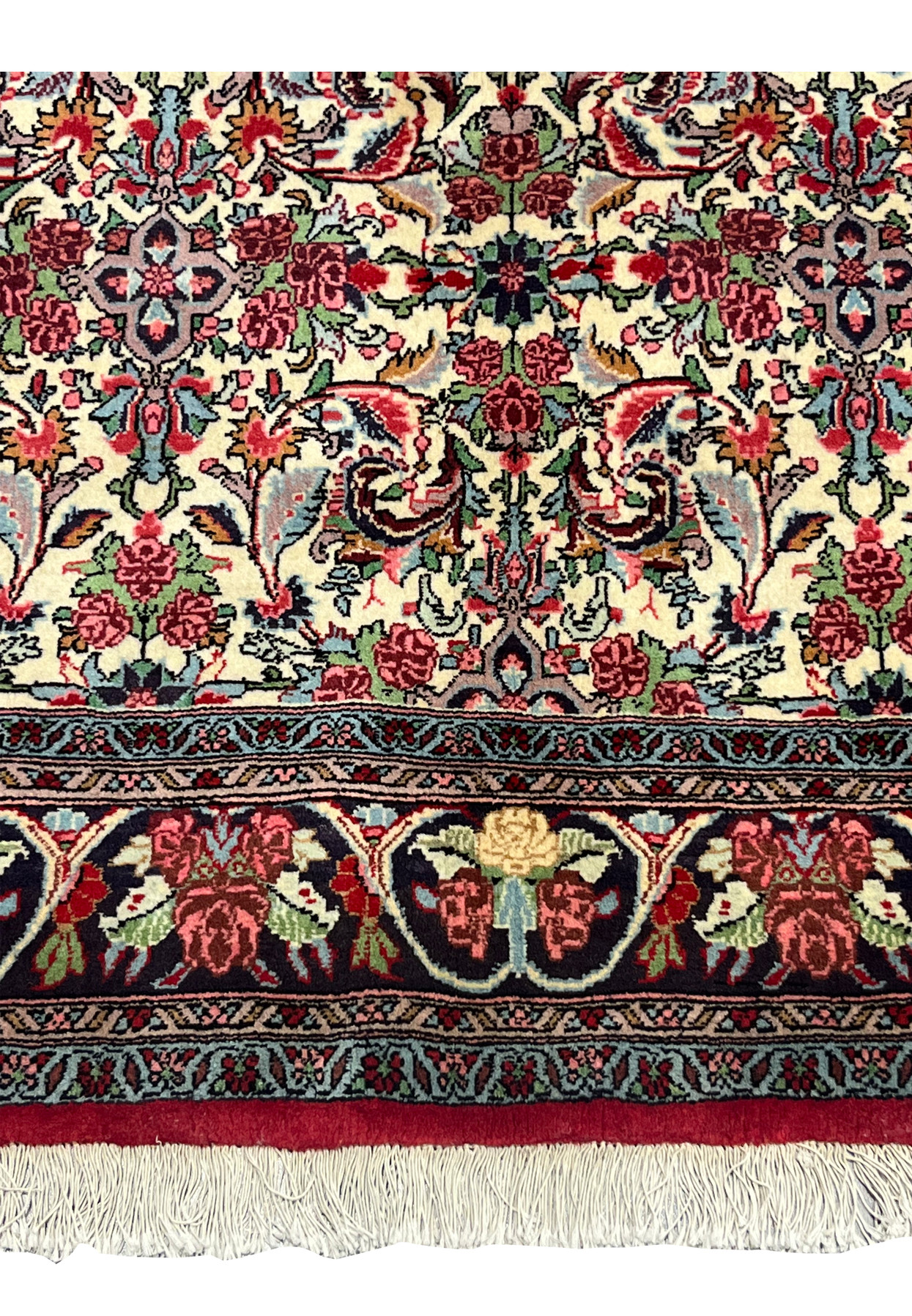 Lower edge and fringe detail of Persian Bijar Halvaie Rug