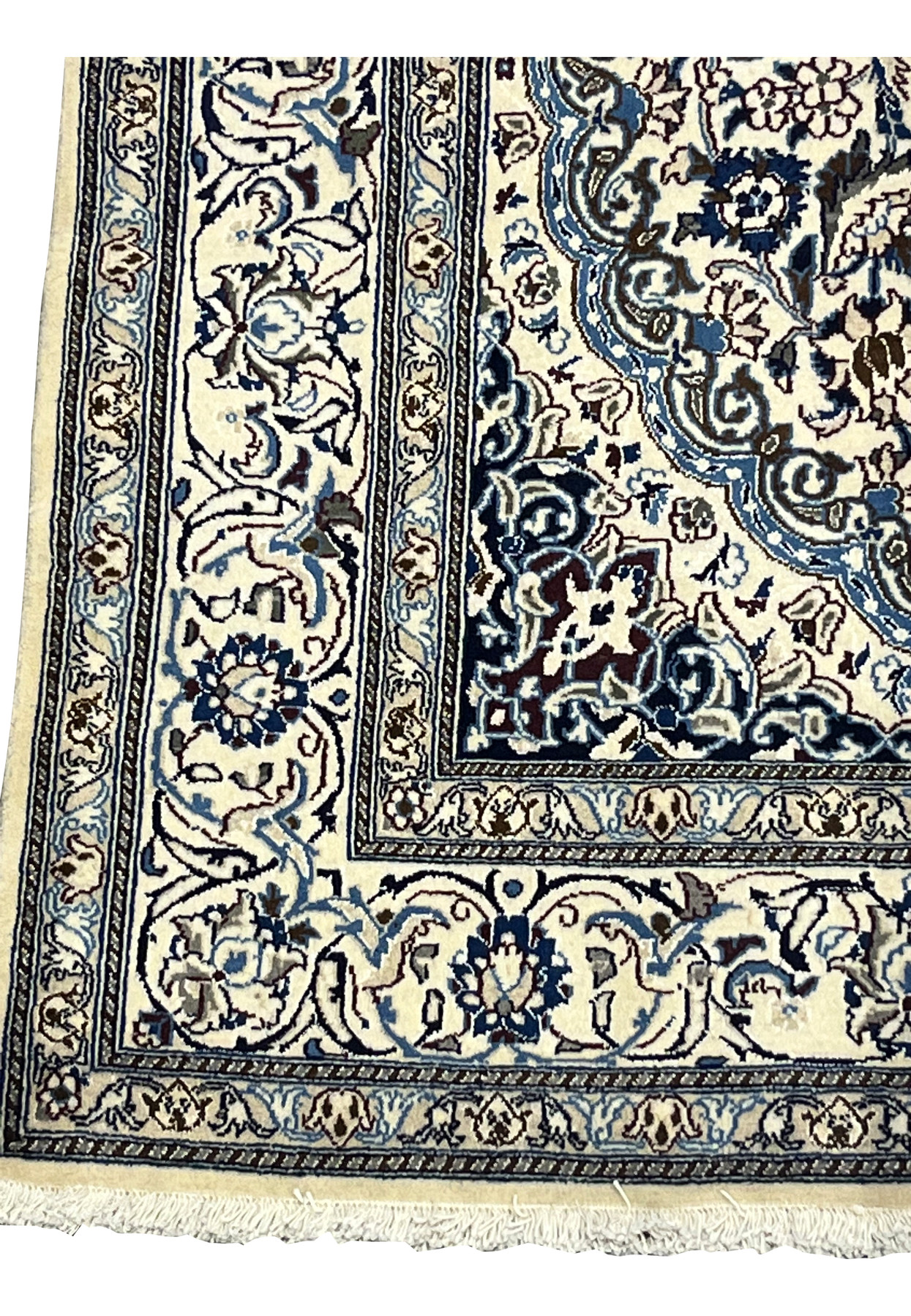 Border section of Square Persian Nain Rug with scrolling vines and silk highlights