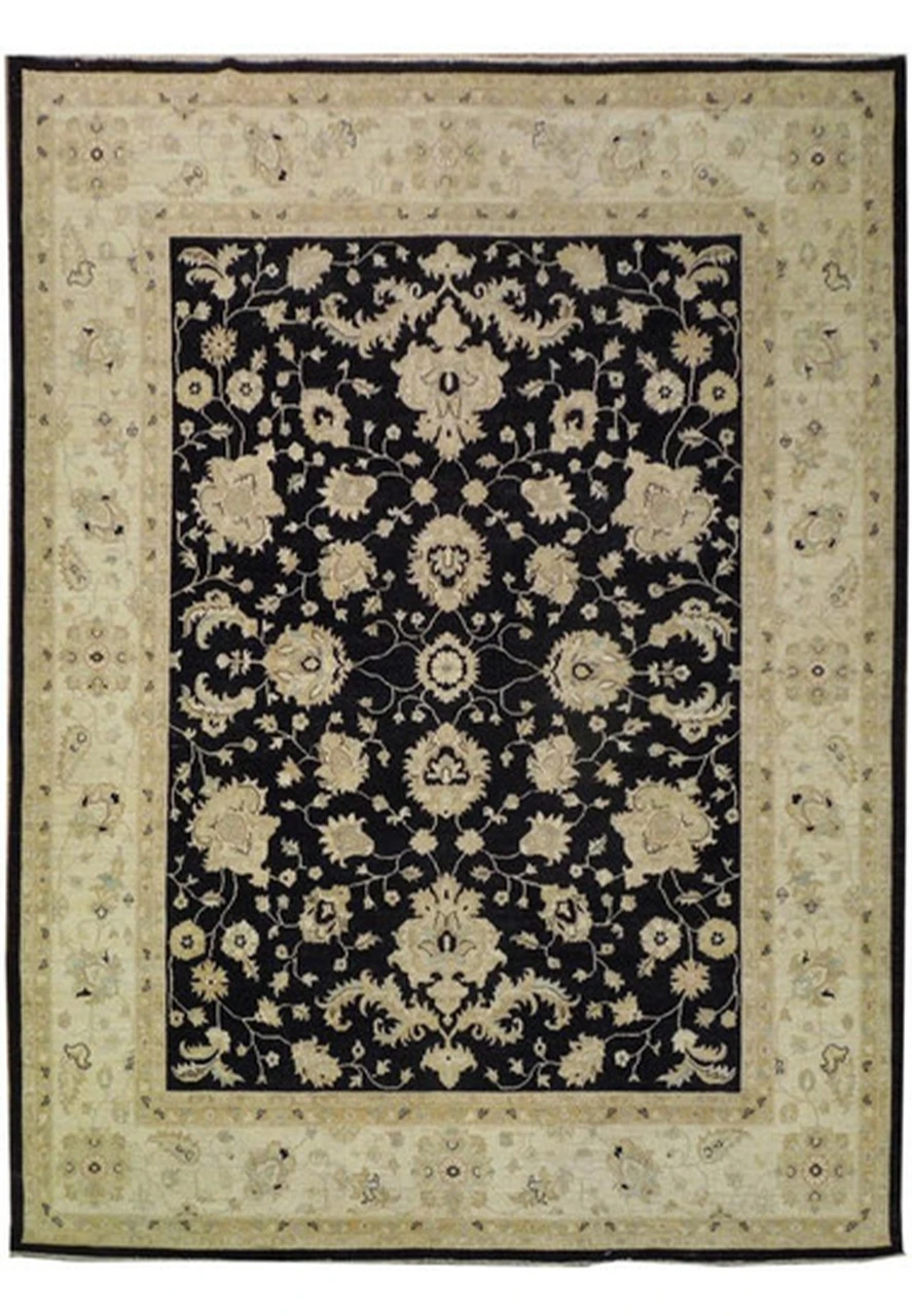9 x12 Black-Ivory Peshawar Rug All-Over Design