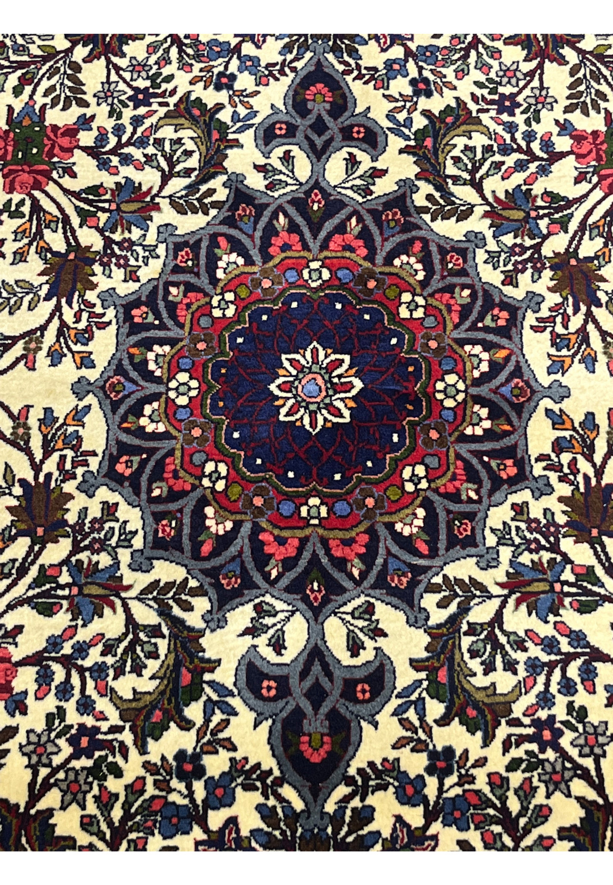 Central medallion of Floral Persian Bijar Rug in navy blue, burgundy red, and ivory tones