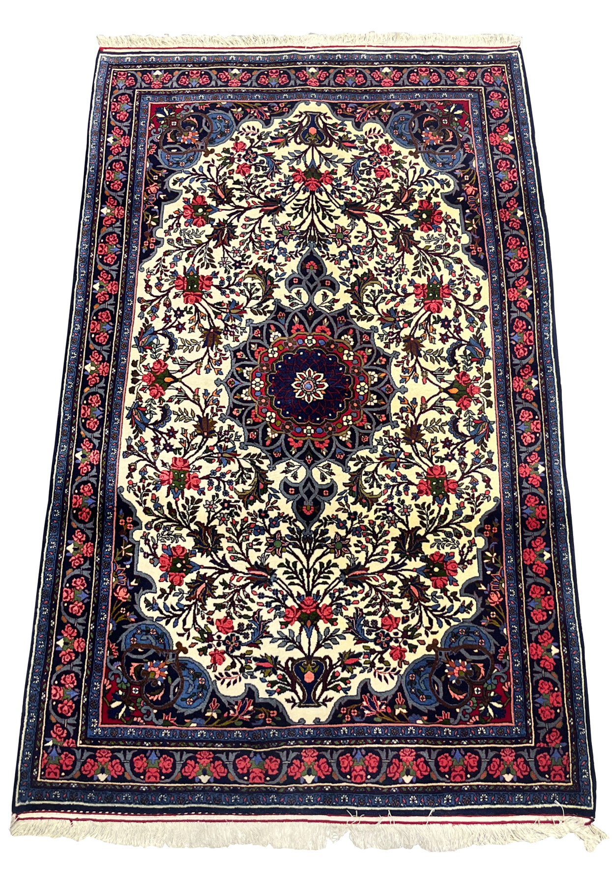 Top view of Floral Persian Bijar Rug showing detailed medallion and rose-filled border design