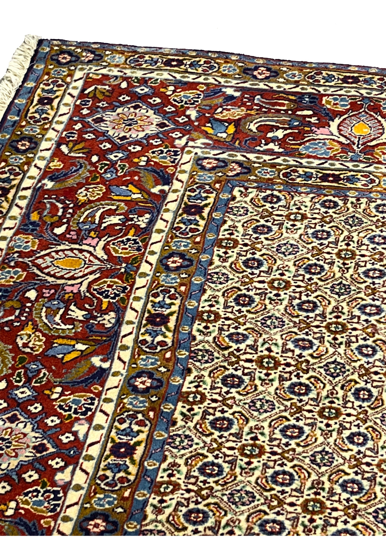 Upper border of Persian Moud rug showing intricate floral and vine motifs
