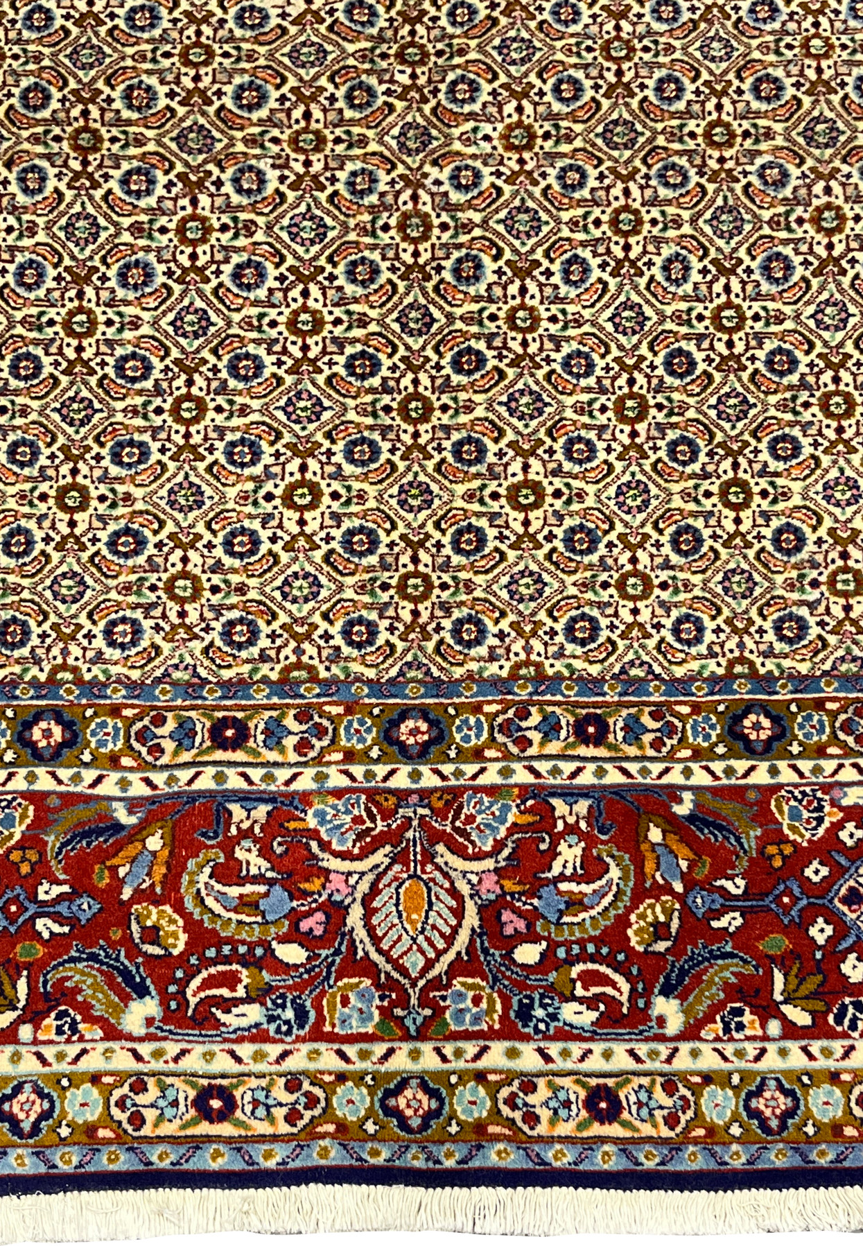 Lower border of Persian Moud rug with red, navy, and olive floral motifs