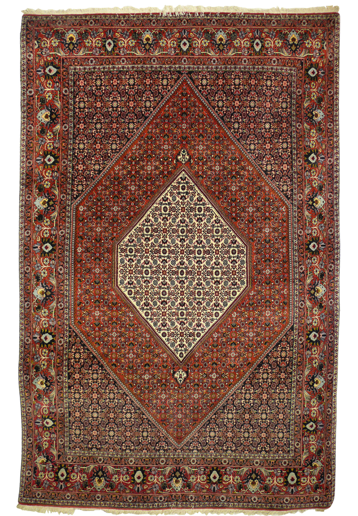 Full view of 6'9 x 9'4 Bijar Persian Iron Rug showing central ivory medallion on red field with navy floral borders