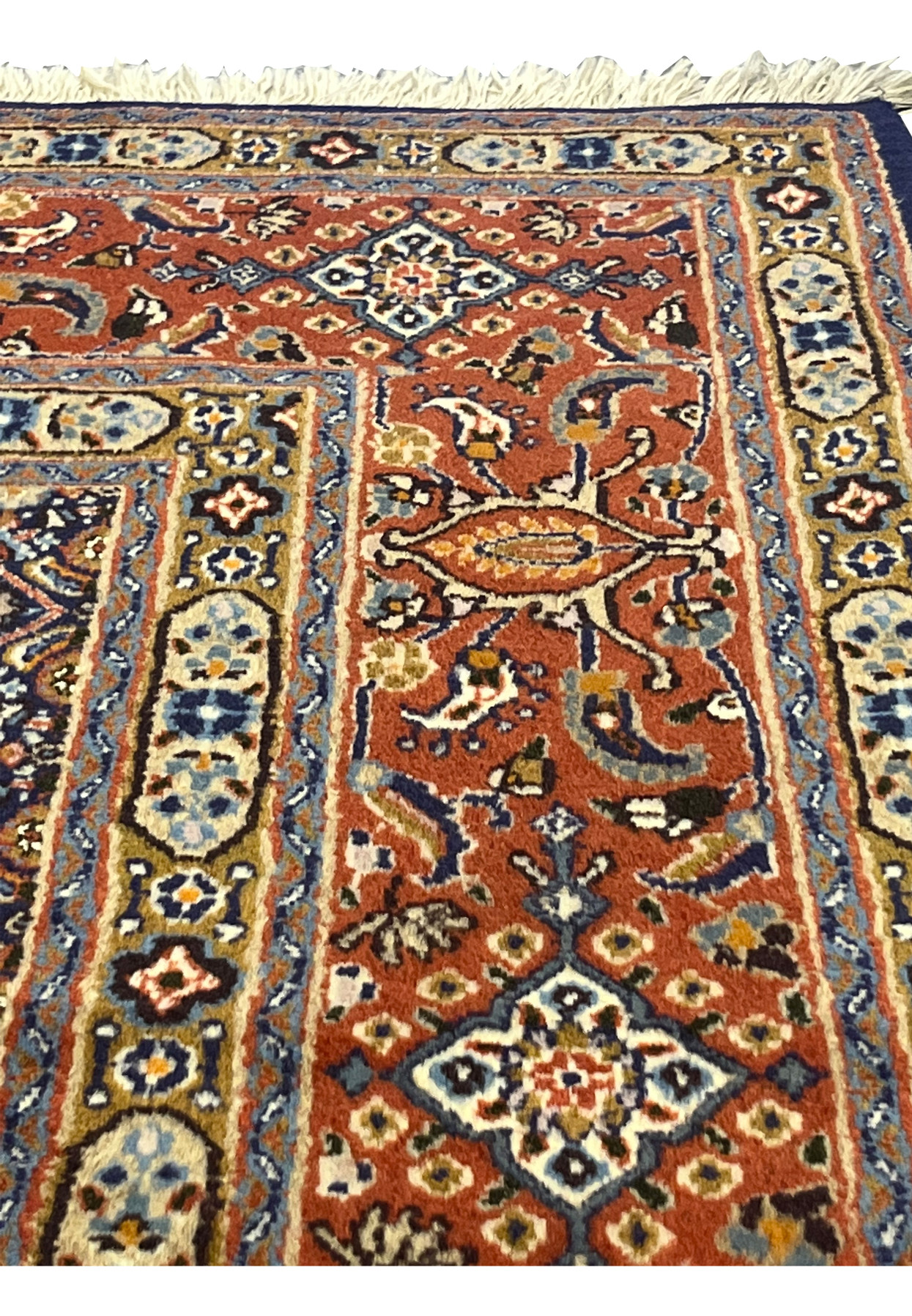 Close-up of 6'5 x 6'9 Square Persian Moud rug showing detailed rust red border with floral and vine motifs outlined in blue, ivory, and gold tones.