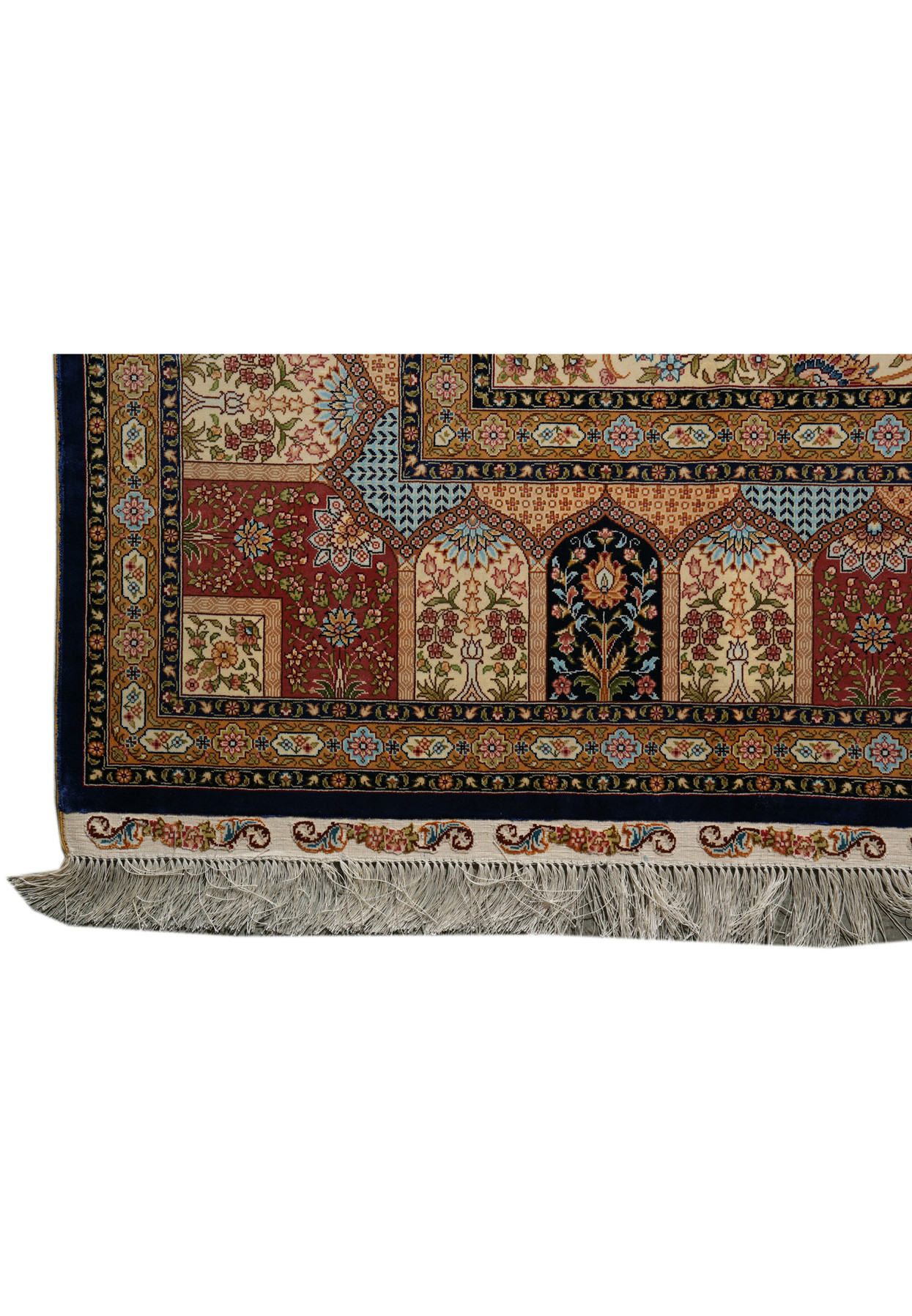 Border section highlighting navy blue and gold floral vines, framed with alternating ivory and coral accents.