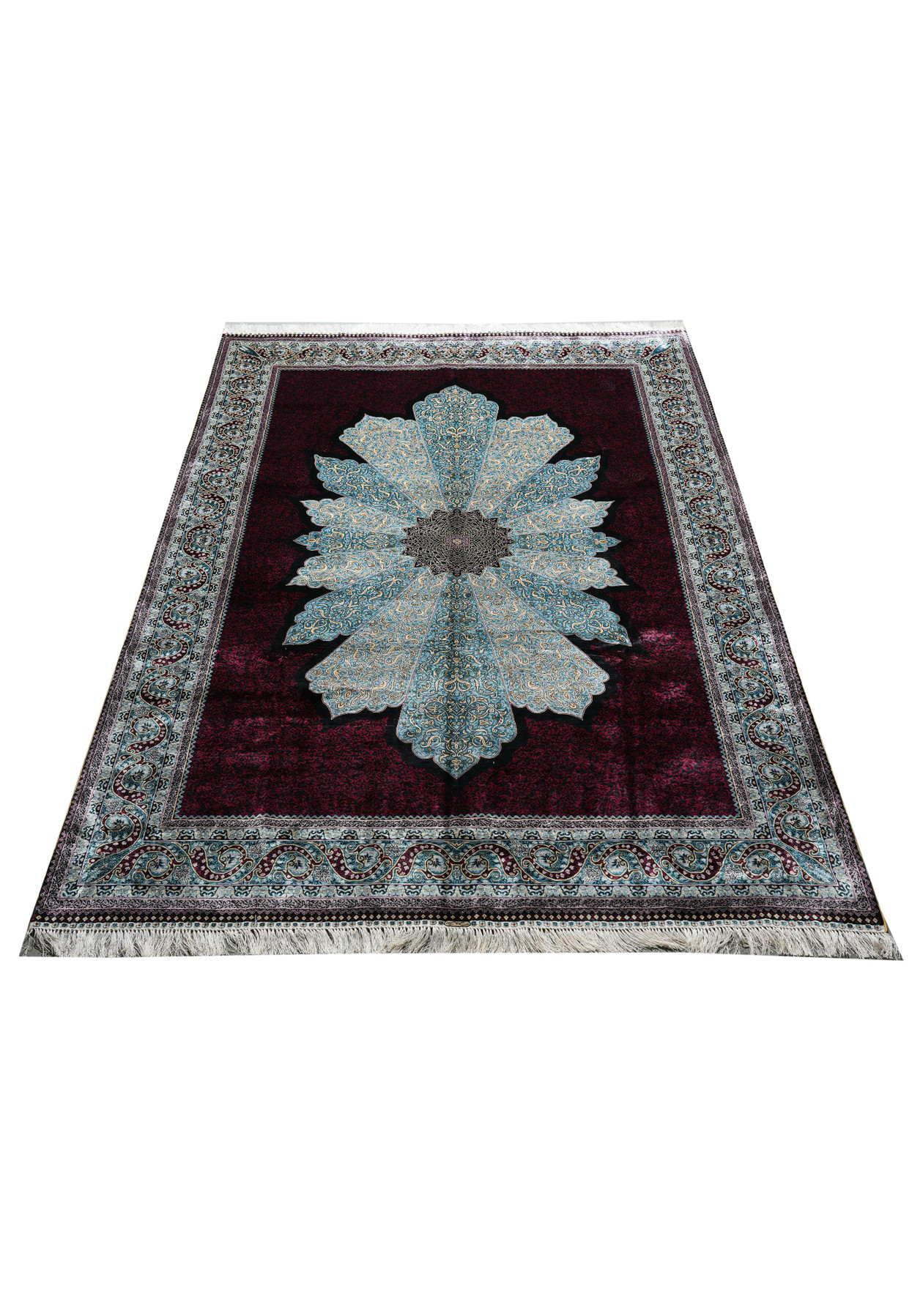 Handmade 6x9’5 silk oriental rug made in China with sky-blue medallion on burgundy background