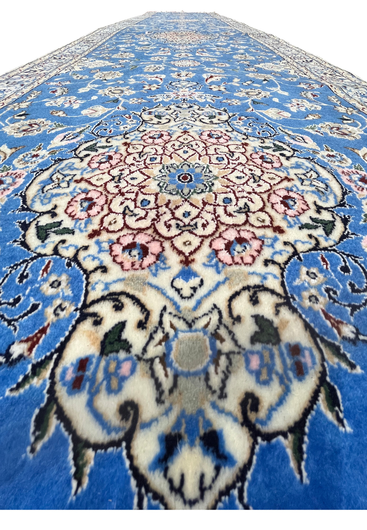 Silk and wool pile detail of Persian Nain 6LA Runner showing texture and off-white silk highlights.