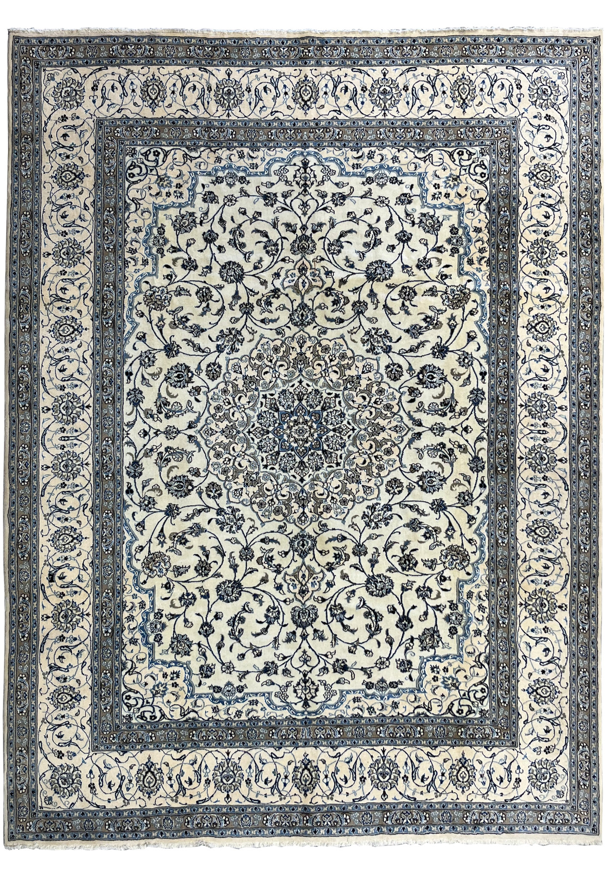 Full view of 10' x 13'2 Persian Nain 9LA Rug showing ivory field with blue medallion and floral borders hand-knotted in wool and silk.