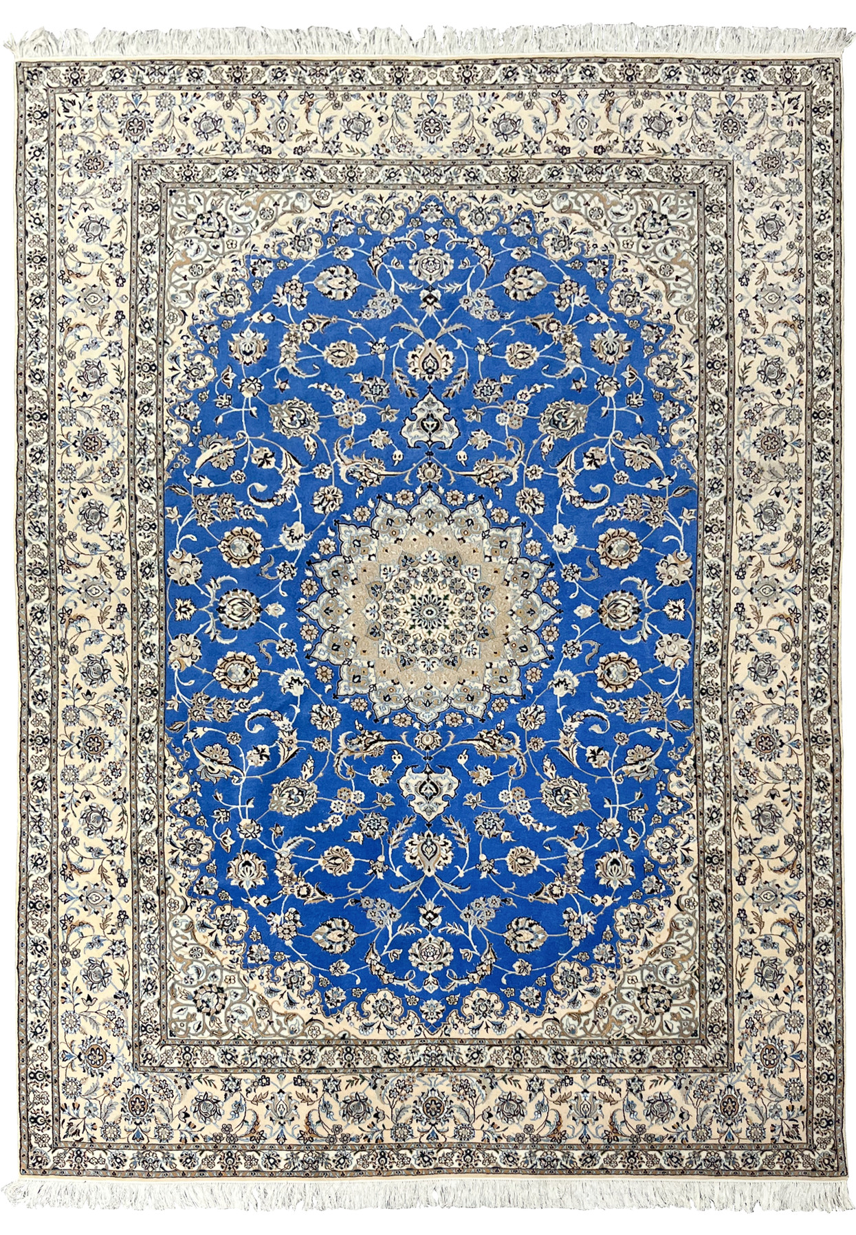 Full view of 6'7" x 9'8" Royal Blue Persian Nain 6 LA wool and silk rug with ivory border and floral medallion design