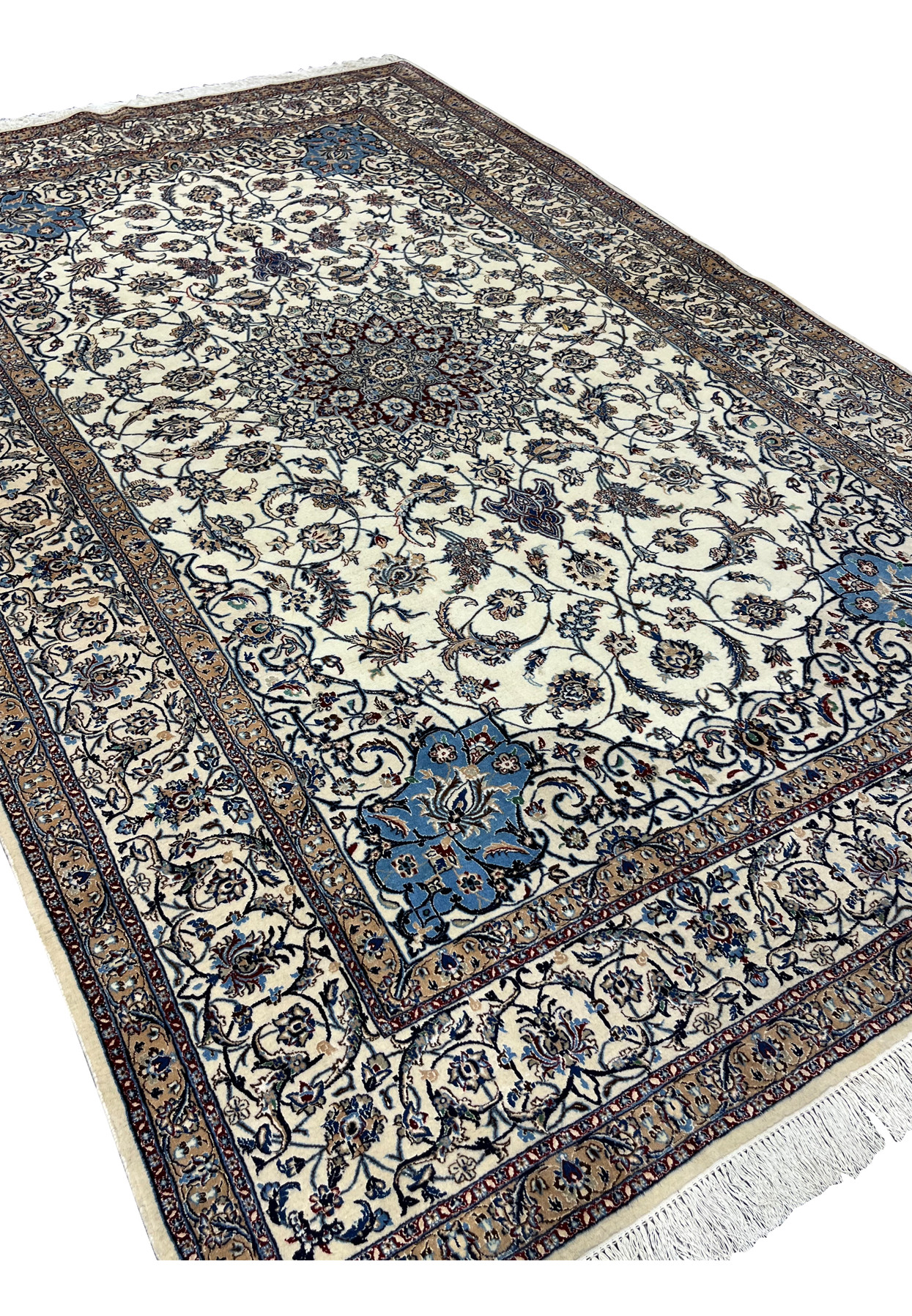 Angled full-view photo of signed Persian Nain 4 LA Habibian rug, highlighting hand-knotted wool and silk texture and finely balanced color palette.