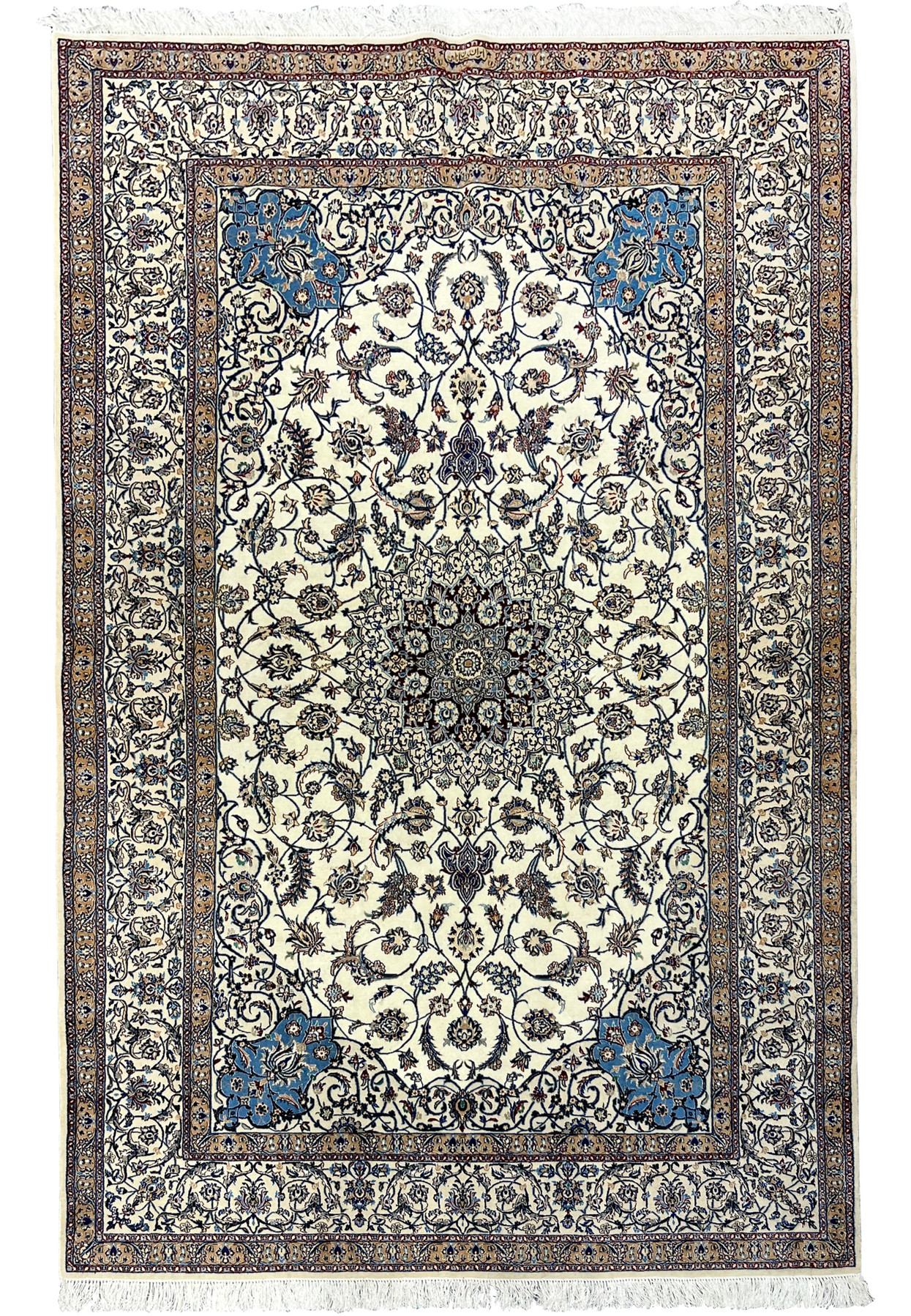 Full view of a signed 5'8" × 9' Persian Nain 4 LA Habibian rug showing ivory field, central blue floral medallion, and detailed beige and navy borders.