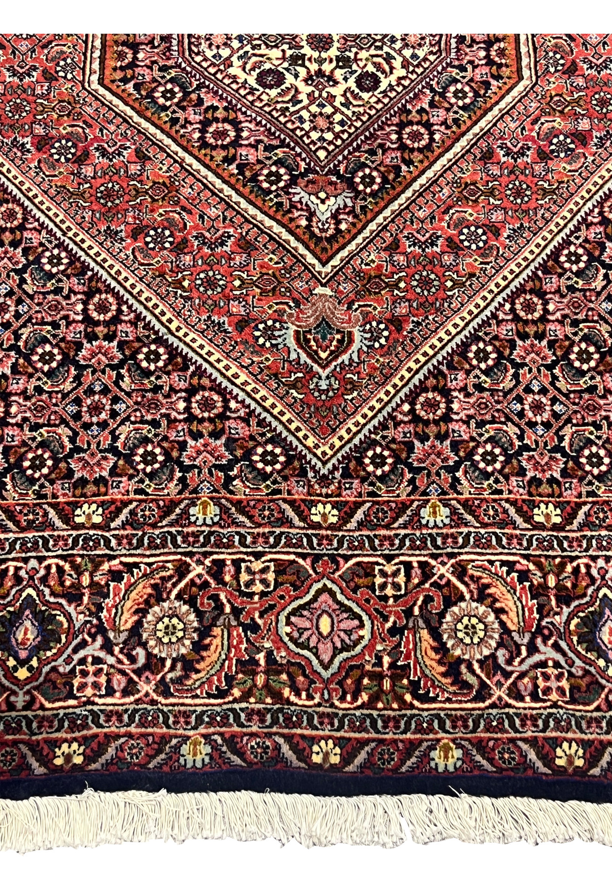 Close-up of lower border of Bijar Persian rug showing dense floral motifs, rust red background, and fine navy blue and ivory details.