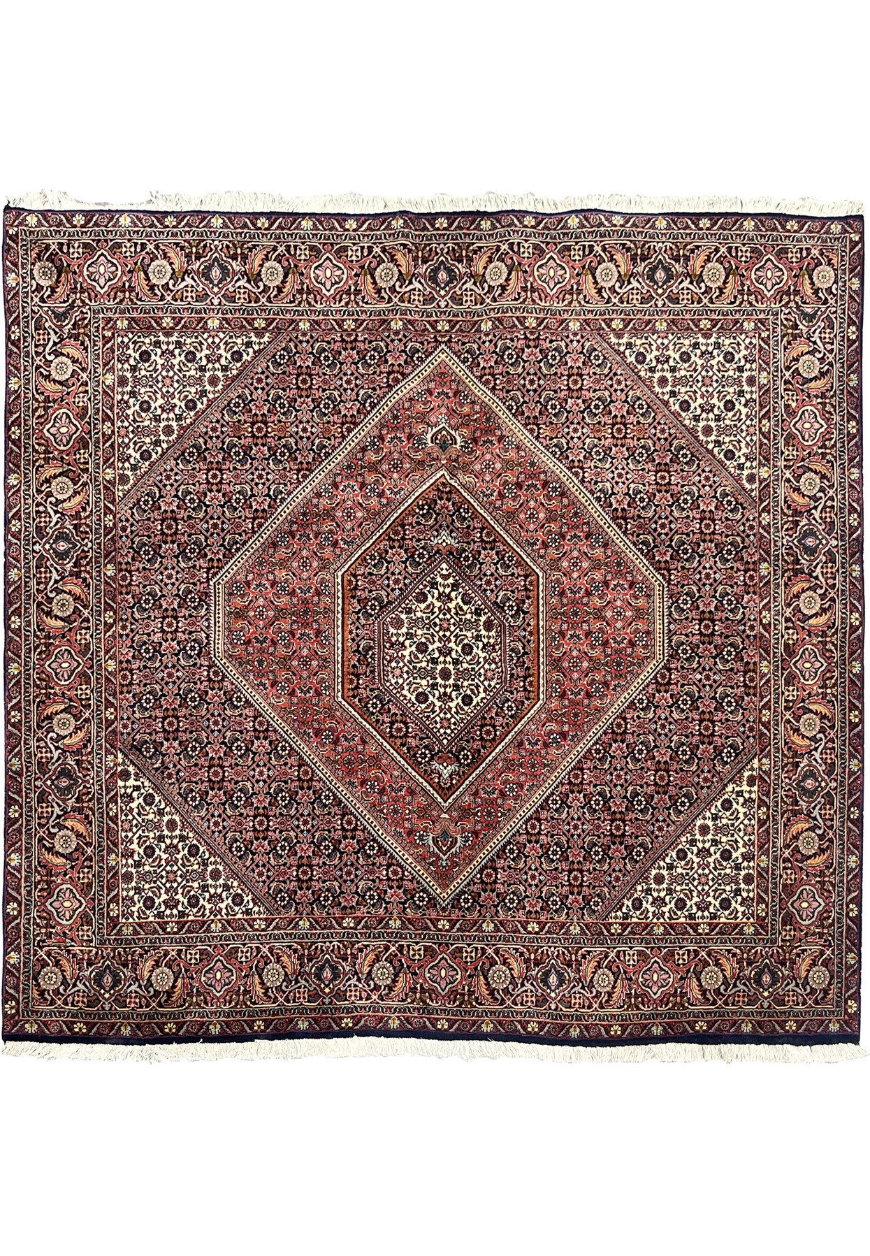 Full overhead view of 6'5" × 6'2" square Bijar Persian rug showing rust, navy, and ivory medallion pattern with floral lattice and ornate borders.