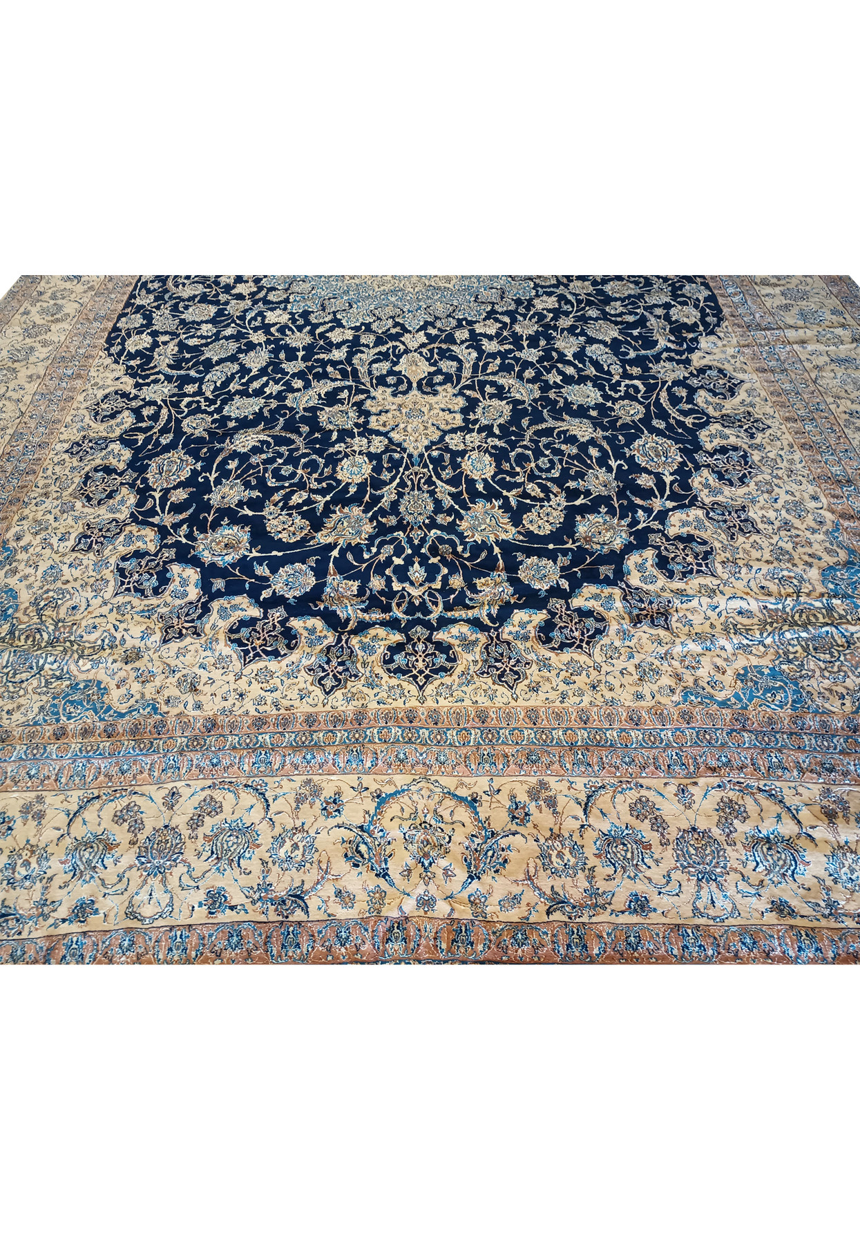 Lower border of 14x25'6 Persian Nain rug with ivory flowers and light blue scrollwork.