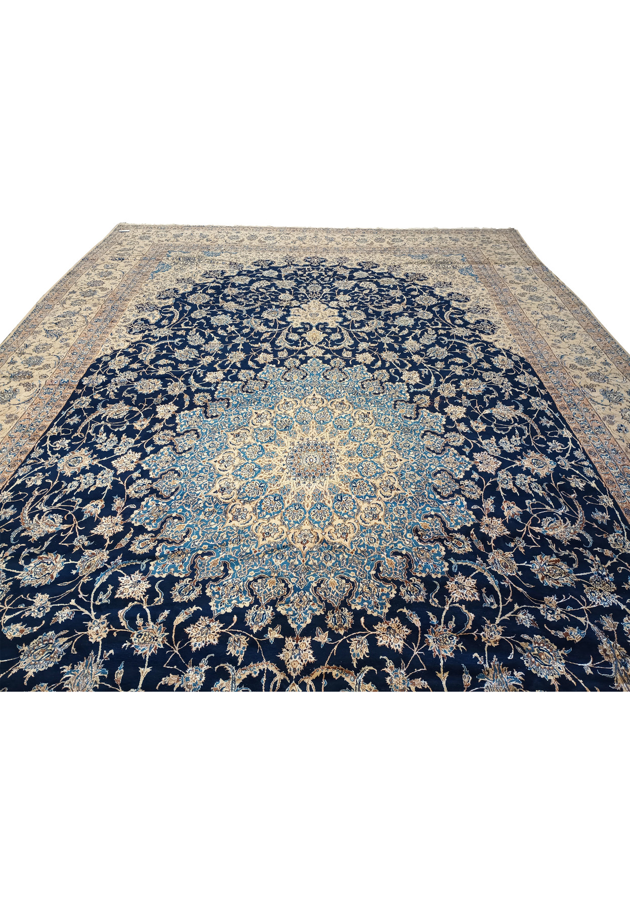 Central field of 14x25'6 Nain 9 LA Persian rug featuring large medallion in ivory and sky blue.