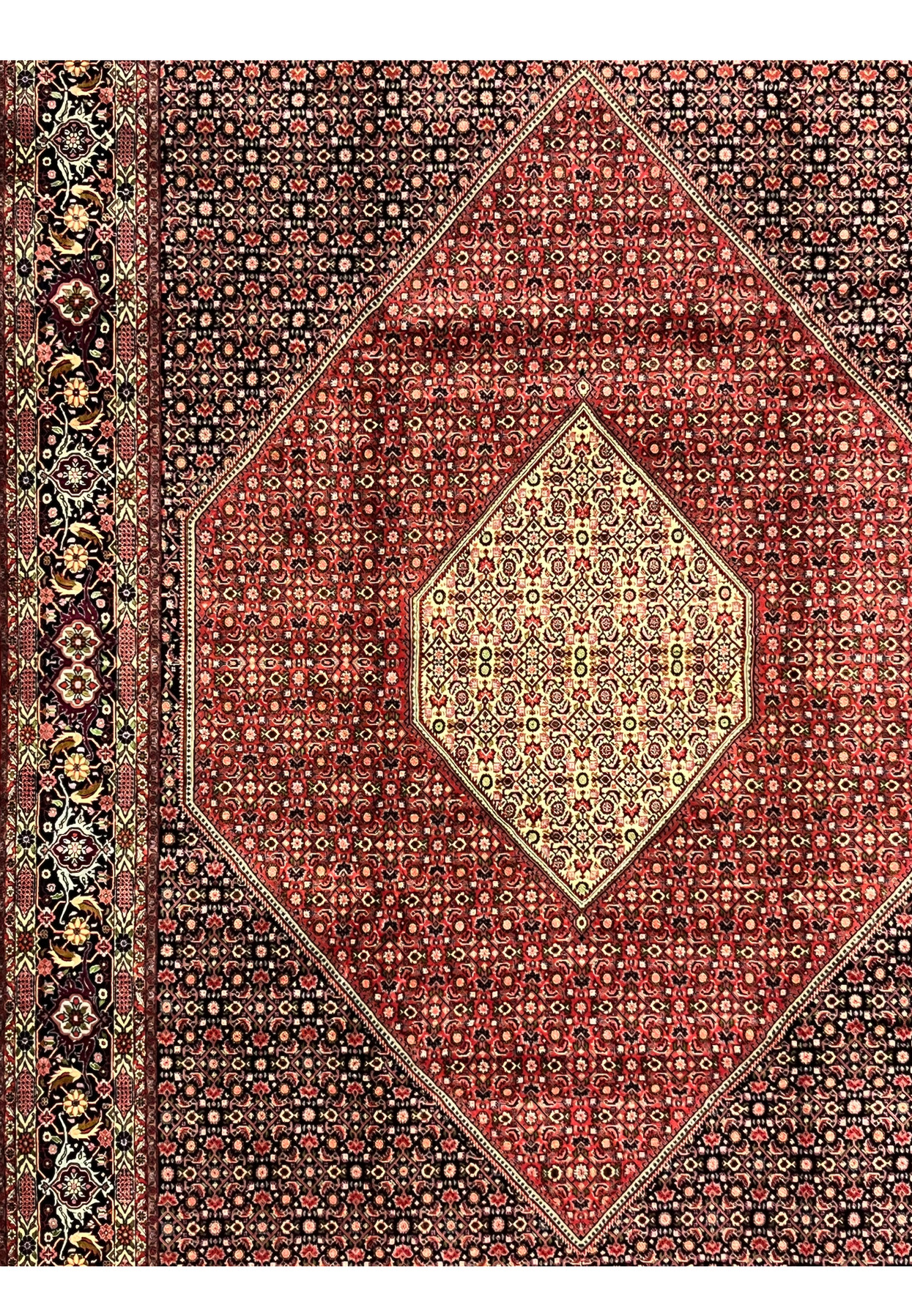 angled view of 10x13 Bijar Persian Iron Rug showing thickness and detailed pattern