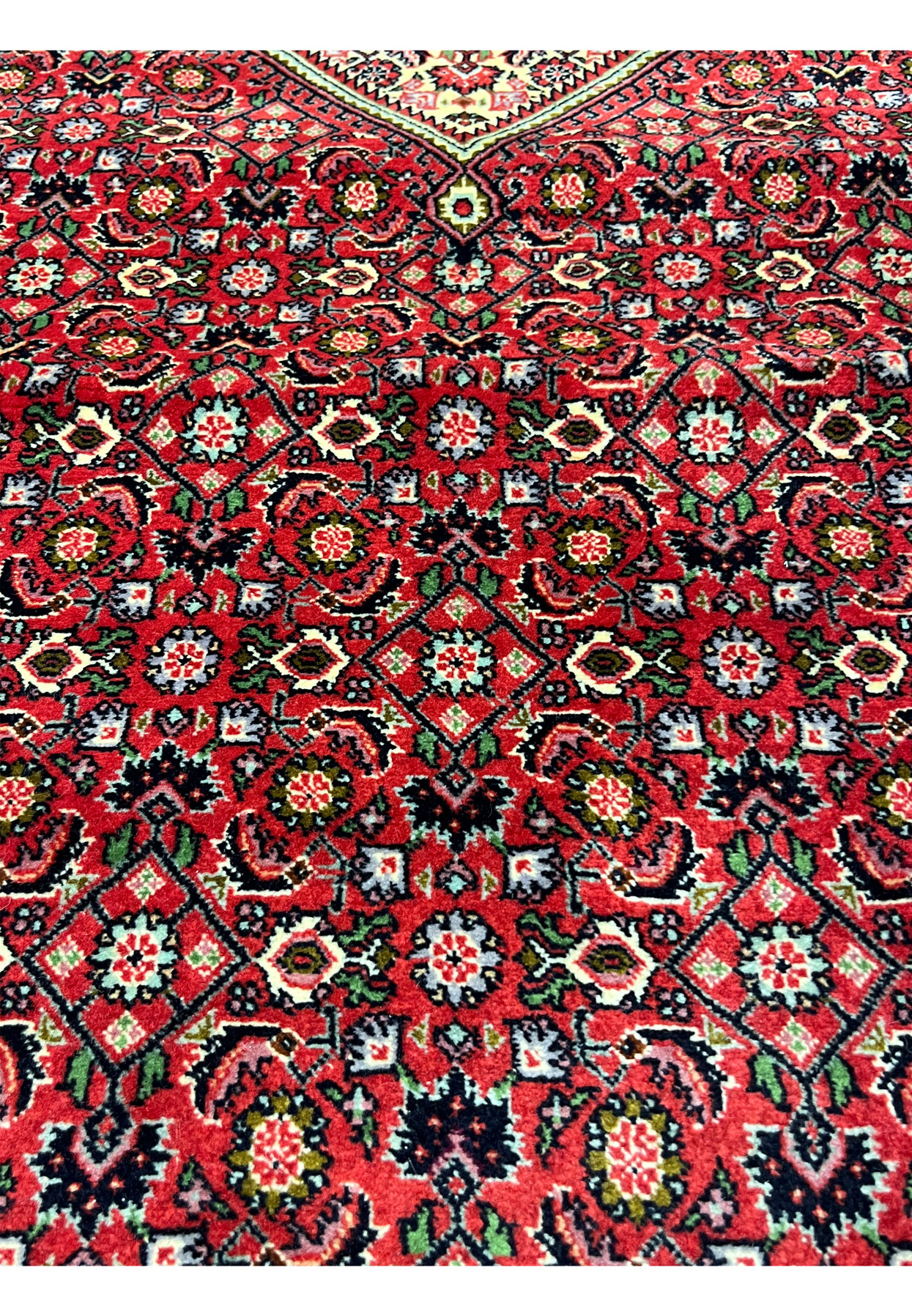 closeup of 10x13 Bijar Persian rug medallion showing intricate red, ivory, and green motifs