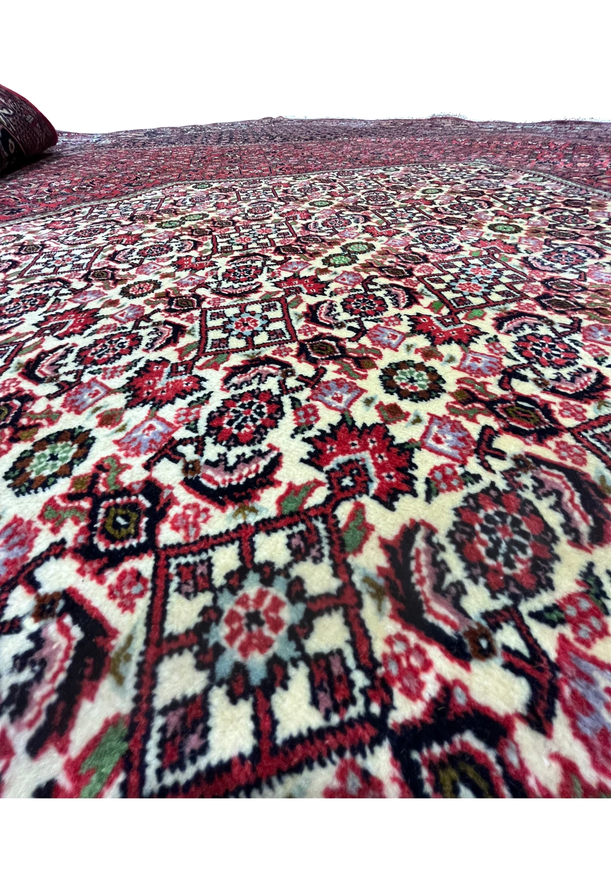 10x13 Bijar Persian Iron Rug showing color contrast between ivory medallion and red field