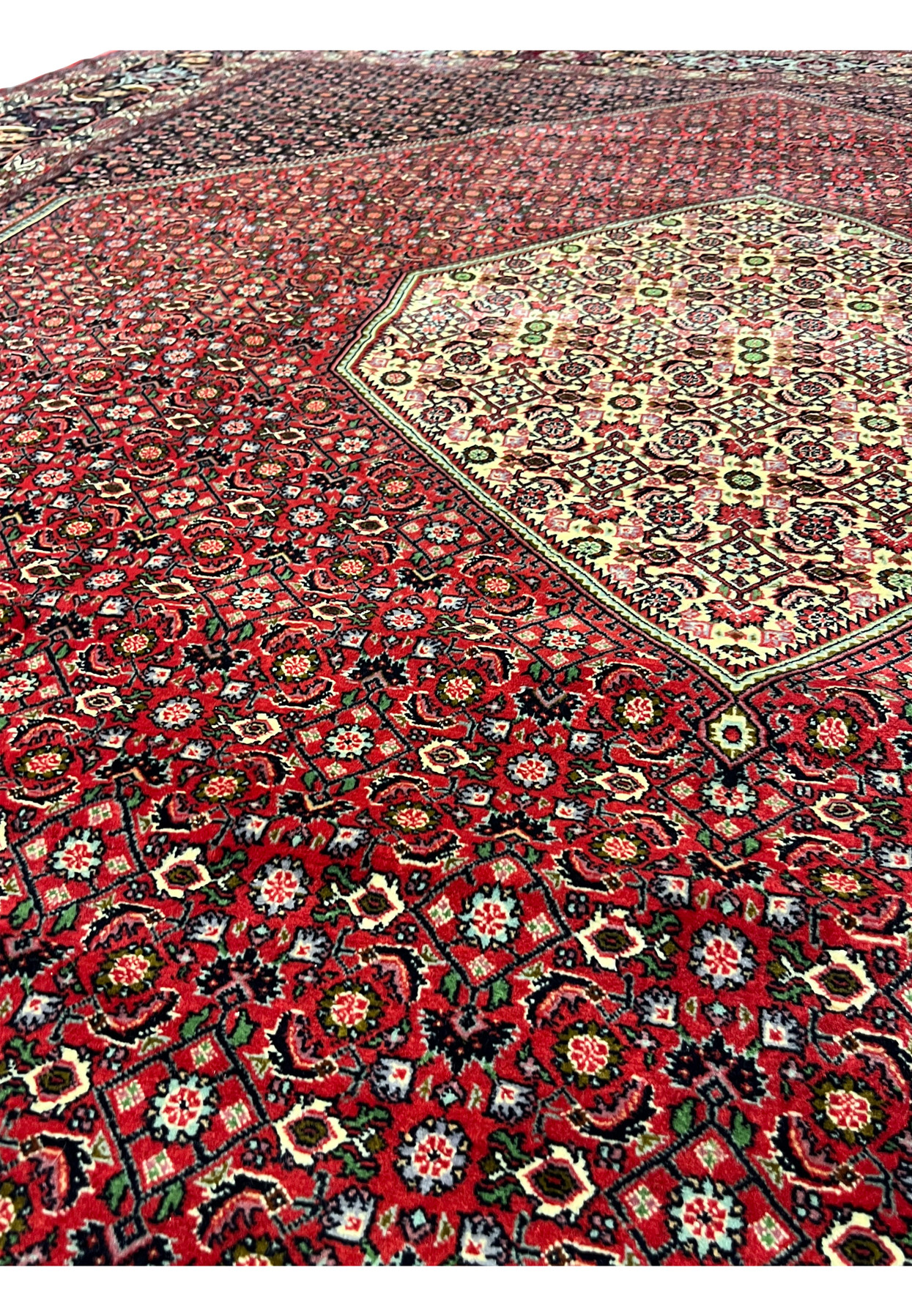 detailed close view of 10x13 Bijar Persian rug pattern showing precise knotwork and colors