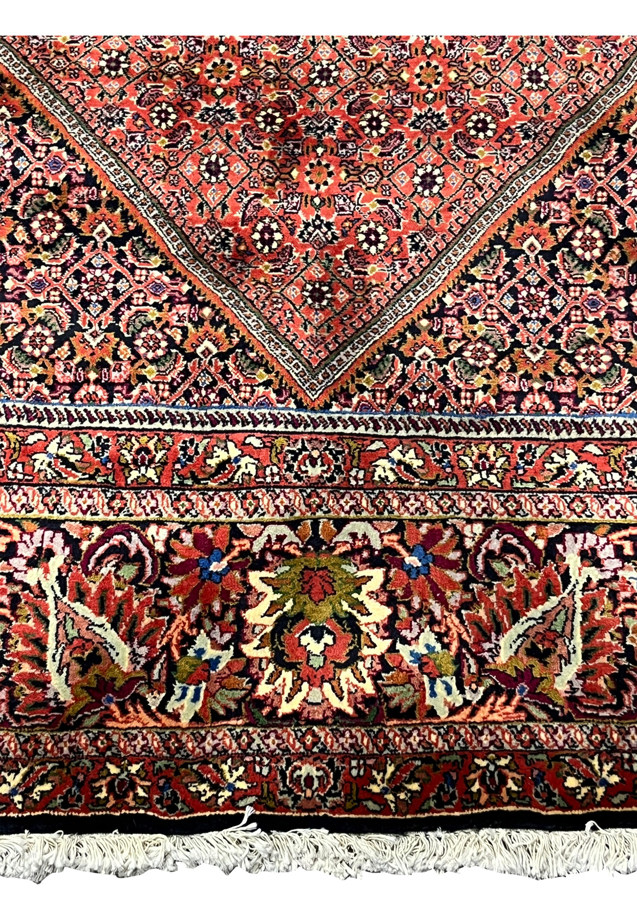 Lower border featuring floral palmettes and boteh motifs on the Bijar Persian Iron Rug.