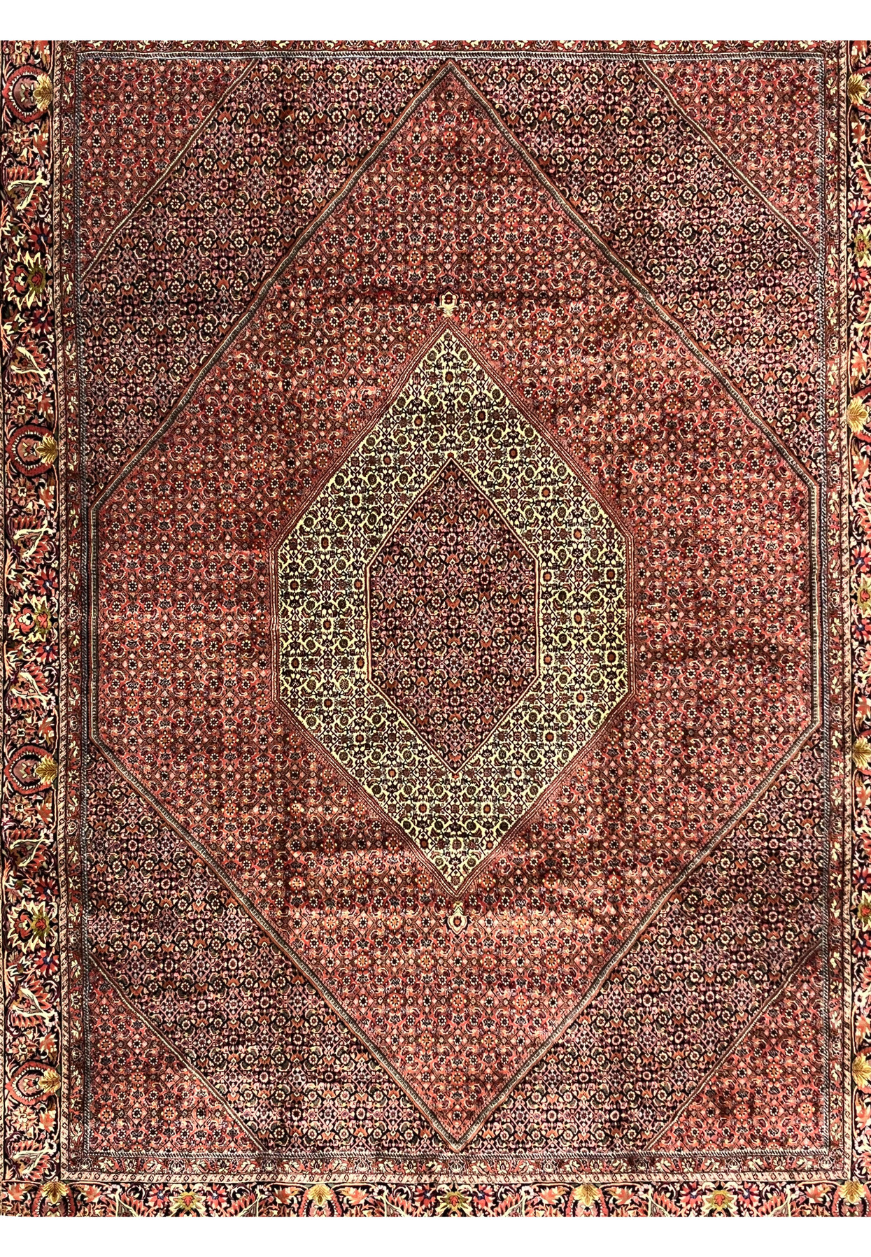 Close-up of the upper field showing brick red Herati motifs on the Bijar Persian Iron Rug.