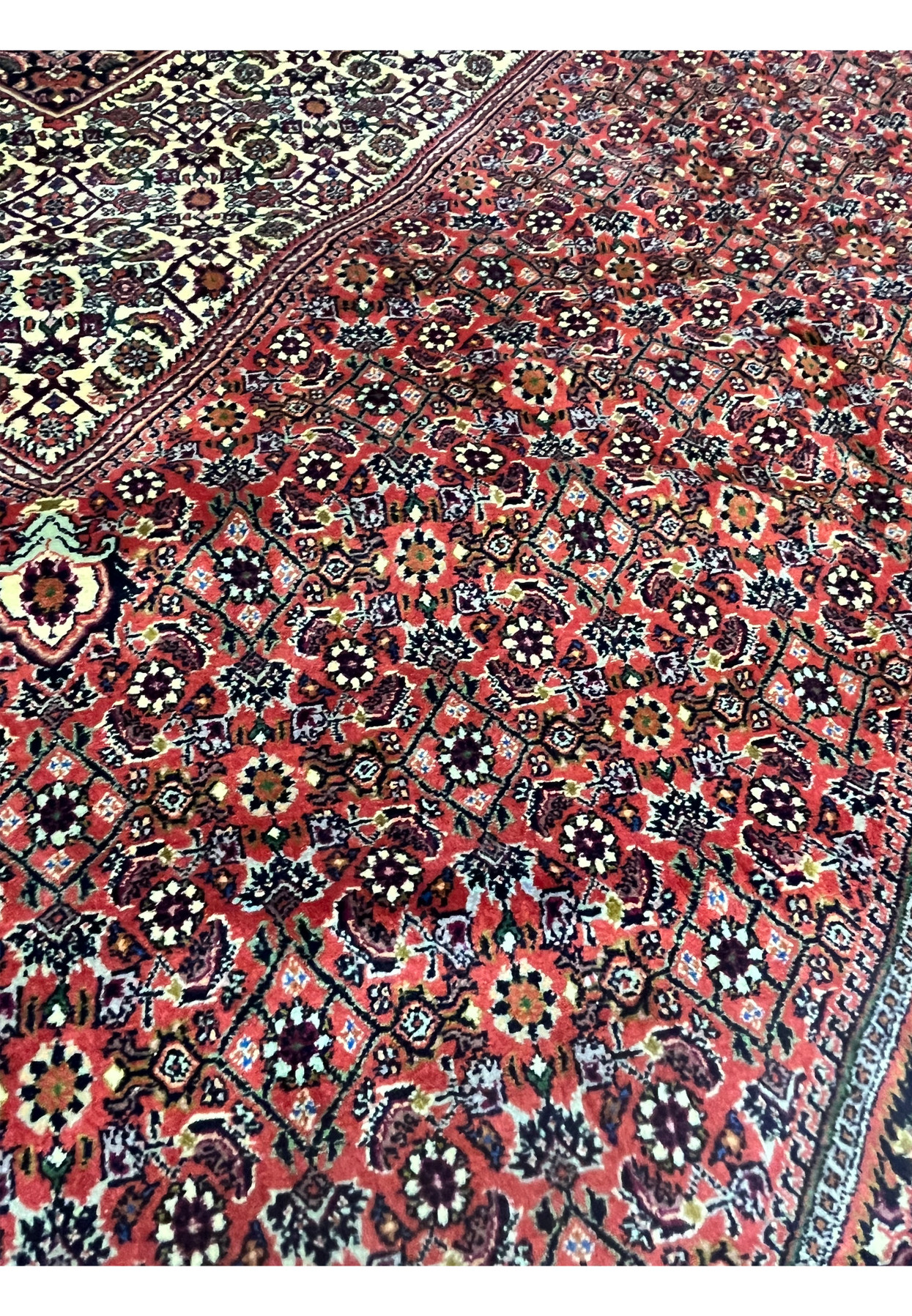 Detailed close-up of the red field pattern showing rosettes, latticework, and fine Bijar motifs.