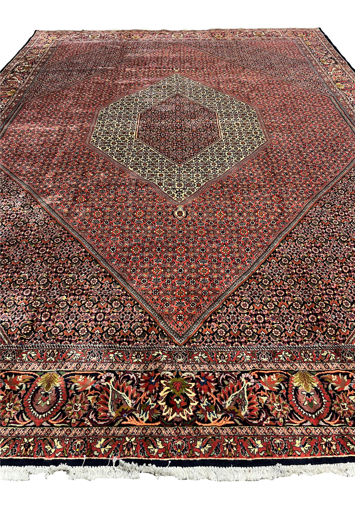 Flat overhead view of the Bijar Persian Iron Rug with octagonal medallion and red flower-filled field.