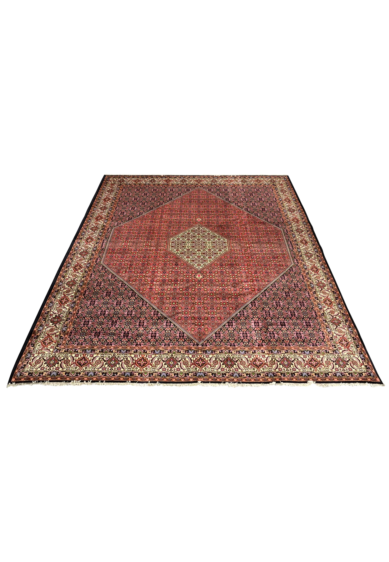 Laid down rare size Persian Bijar iron rug showing bold central medallion, rich red tones, layered borders, and powerful geometric symmetry