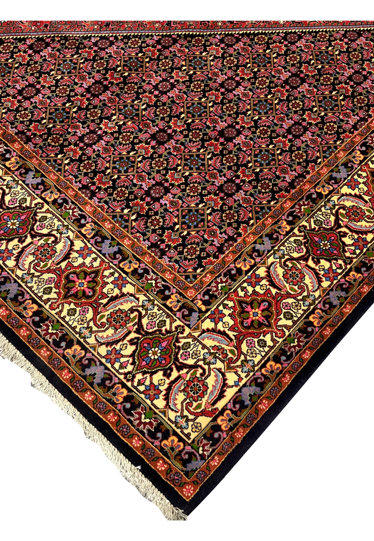 Edge detail of Persian Bijar iron rug showing thick wool pile, tight selvage finish, strong corner protection, and clean fringe base