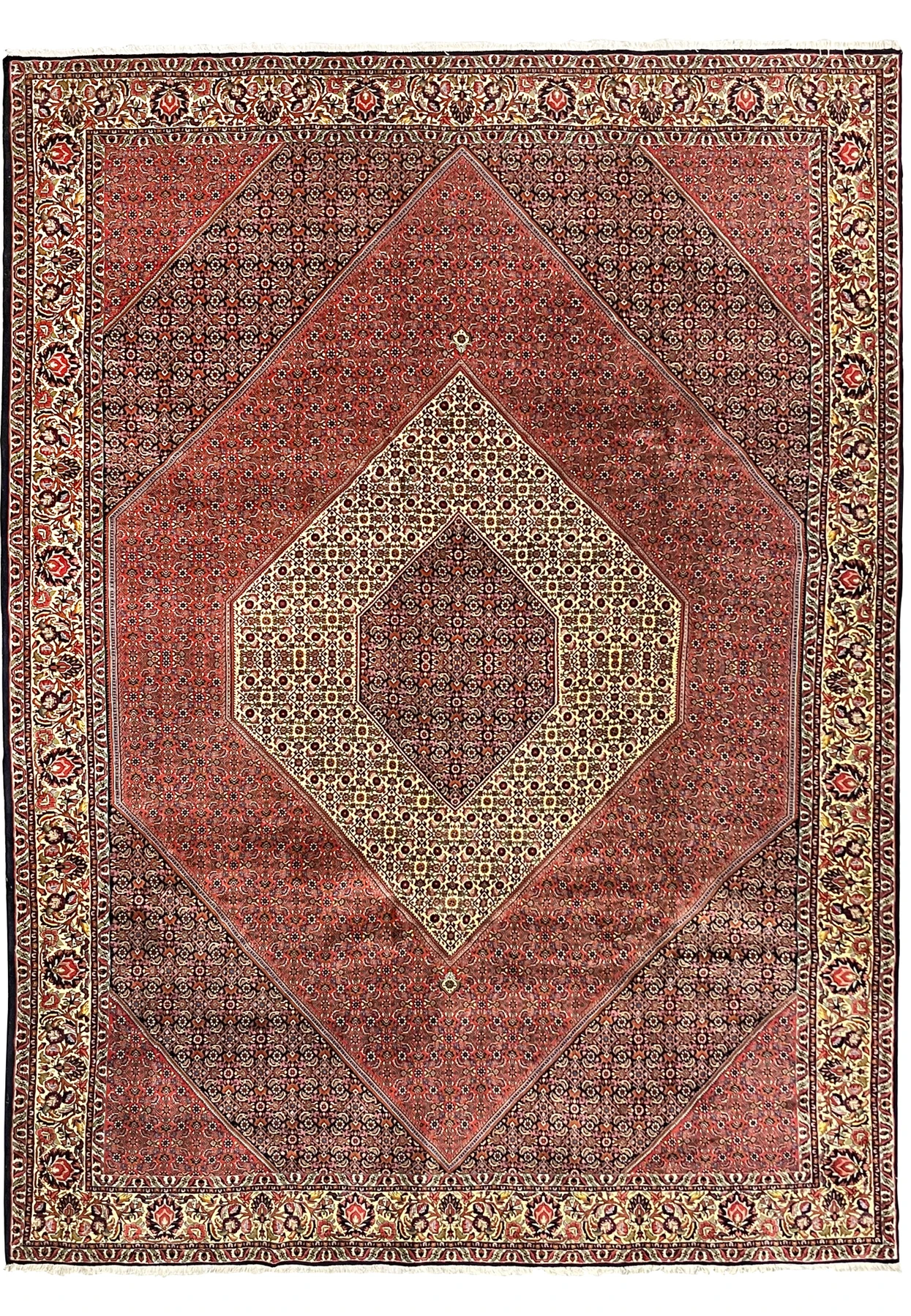 Full view of 10x13 Persian Bijar rug with diamond medallion and brick red field