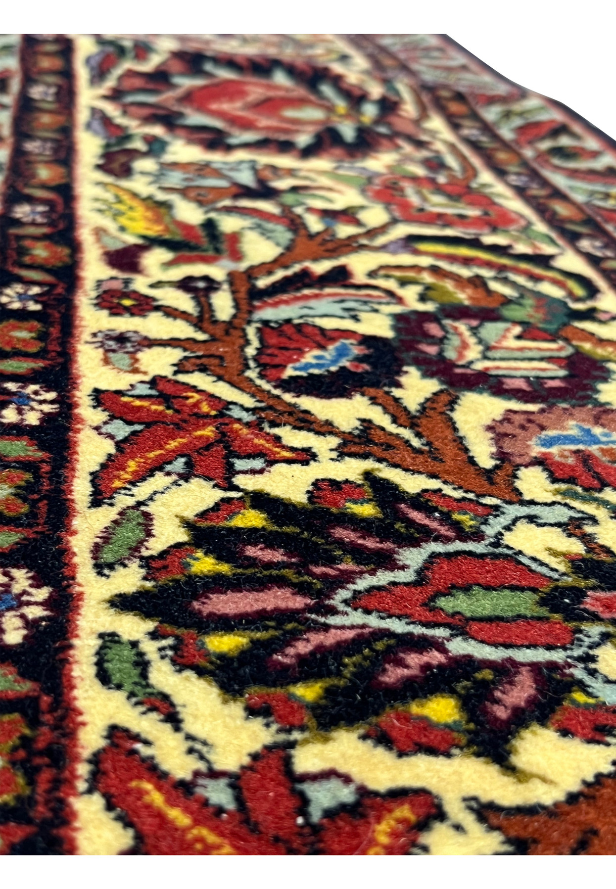 Border detail of 10x13 Persian Bijar rug with ivory floral vines and deep red background