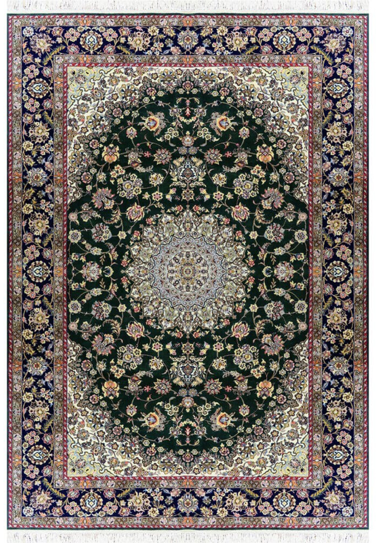 7x10 deep forest green Persian Nain 9LA rug with ivory medallion, navy floral border, fine wool and silk detail, hand knotted in Iran