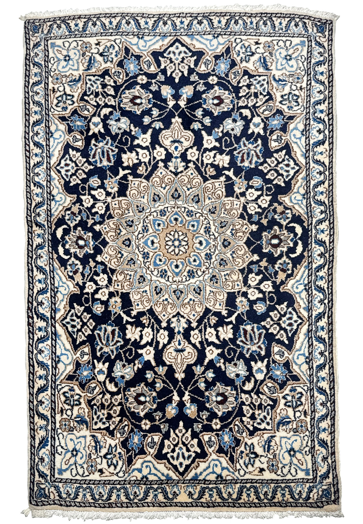 Full view of 3x5 Persian Nain rug with dark navy blue field, ivory border, sky blue floral details, and central ivory medallion