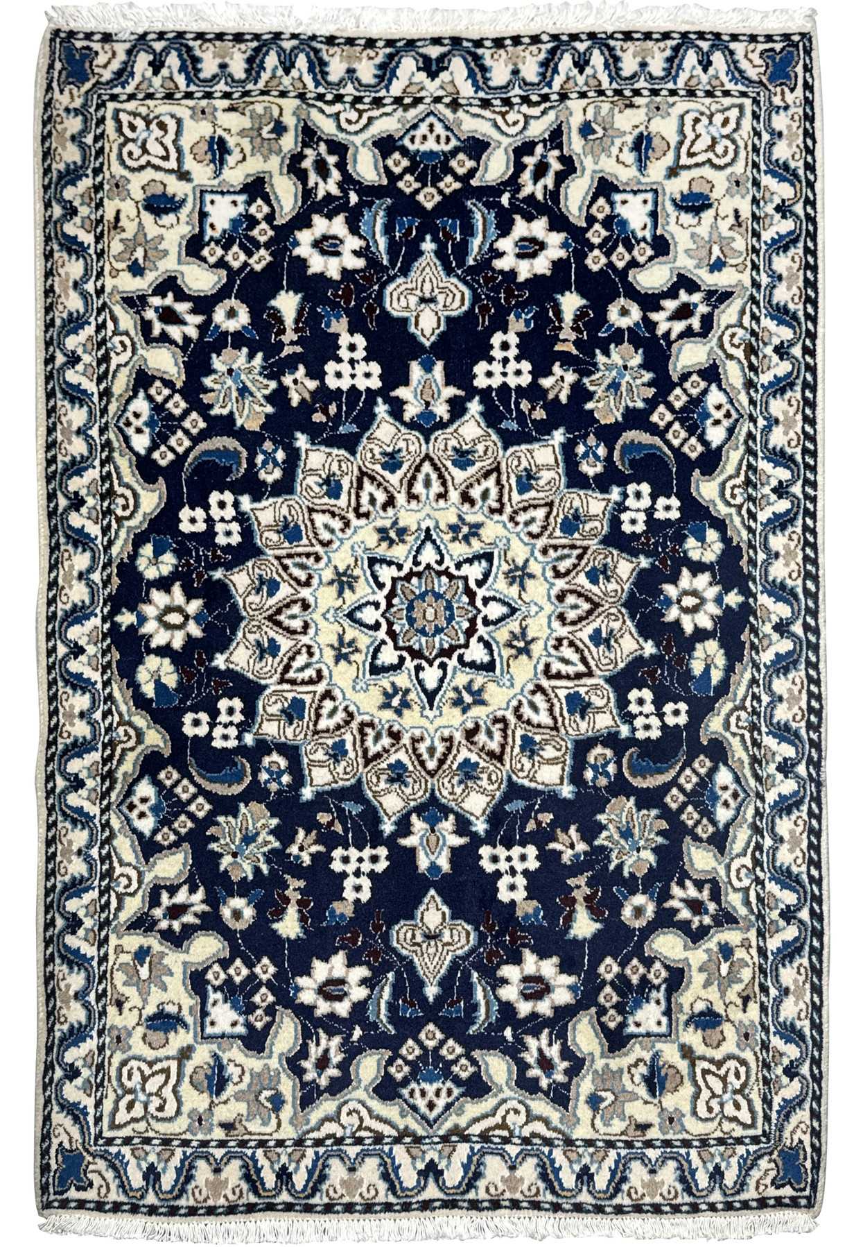 Full view of royal navy Persian Nain rug with ivory medallion and beige floral border