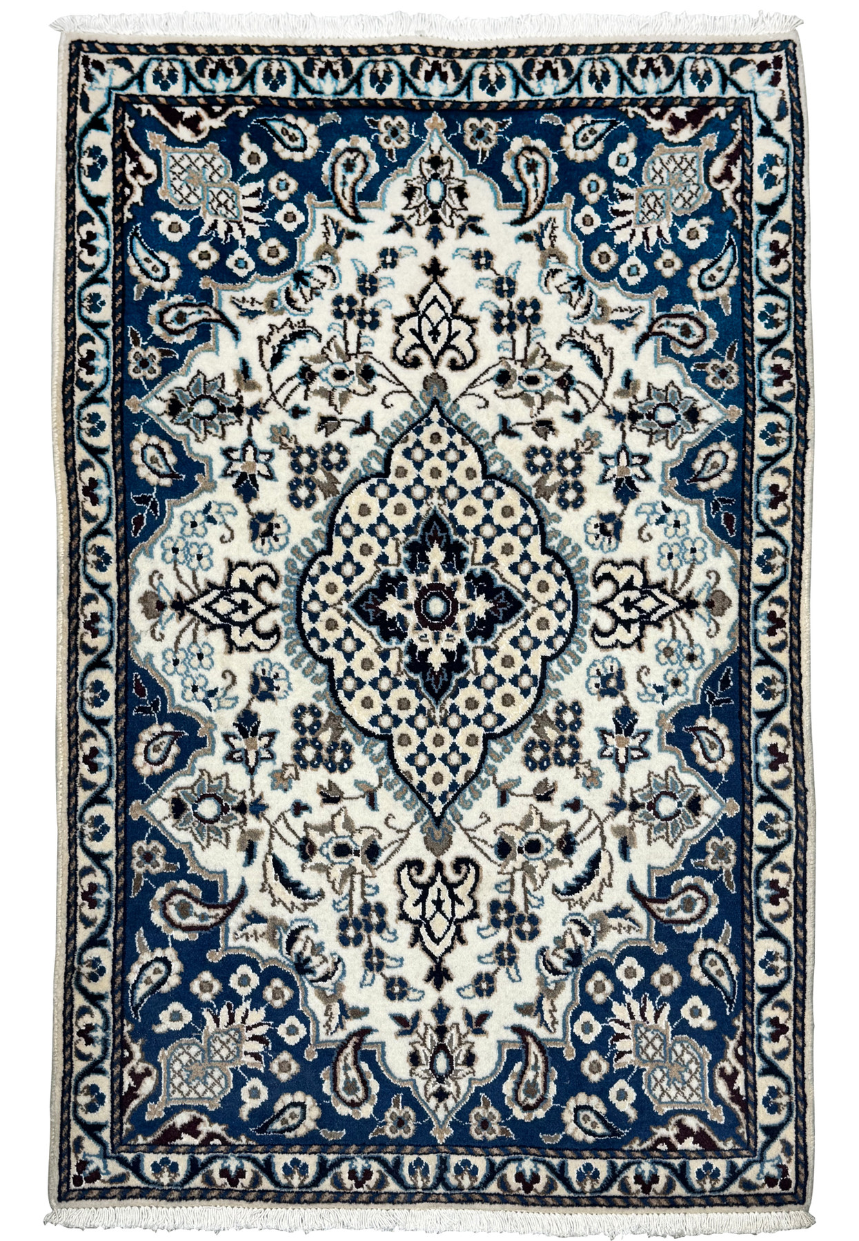 Full view of 2'9 x 4'6 Persian Nain rug featuring a royal navy blue frame, ivory medallion center, and finely woven wool floral pattern