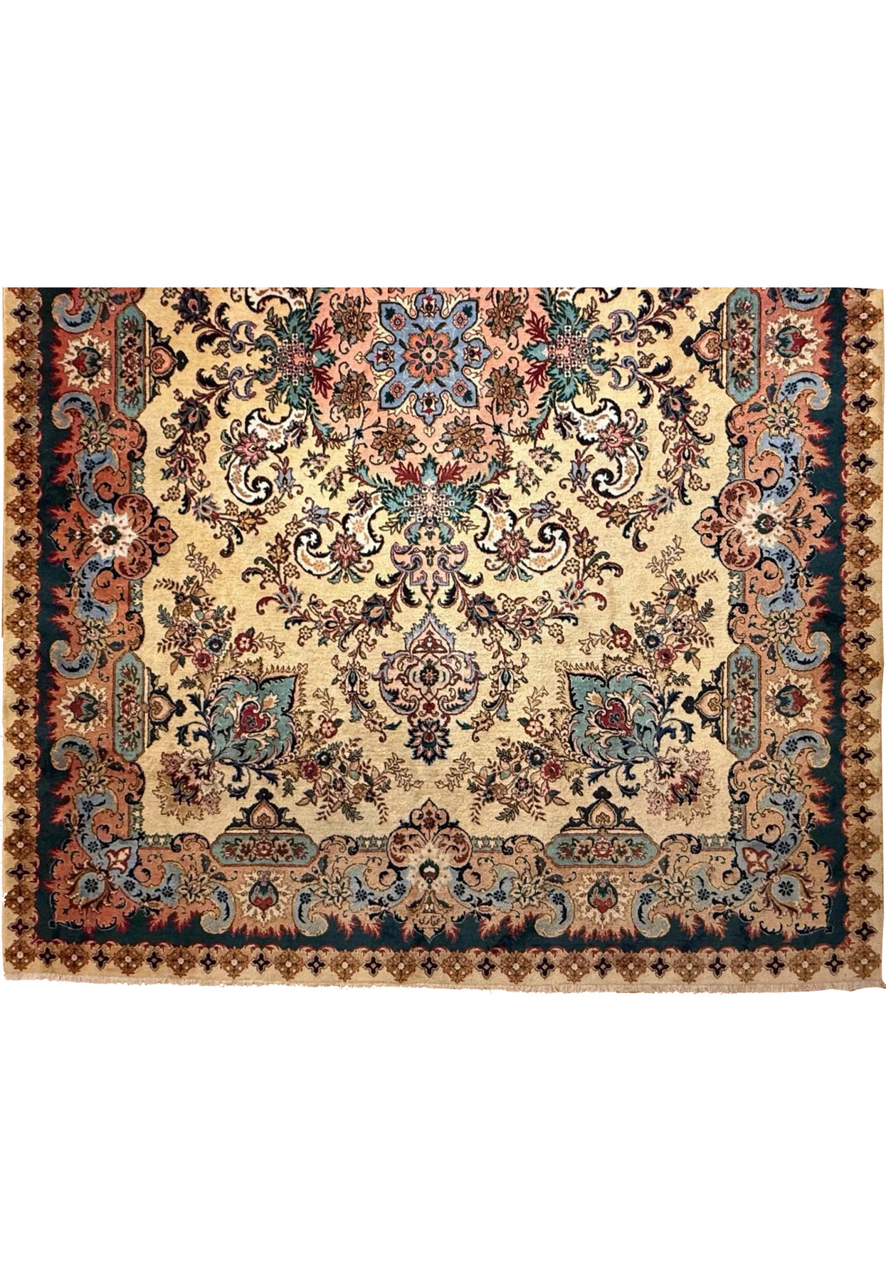 Lower border view showing deep teal frame with coral floral panels and ivory trim