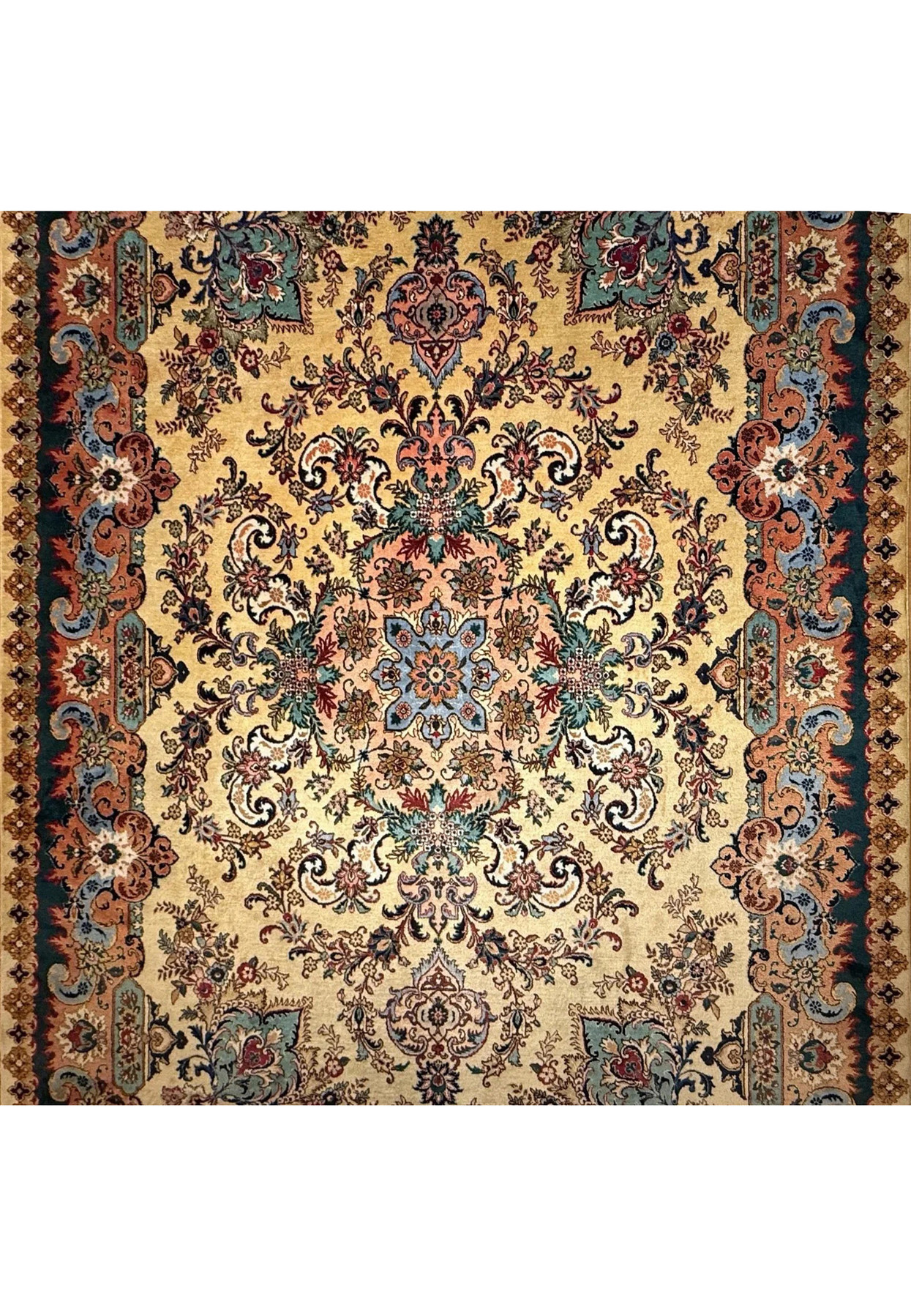 Midfield view showing scrolling vines, blush flowers, moss green leaves and golden beige background