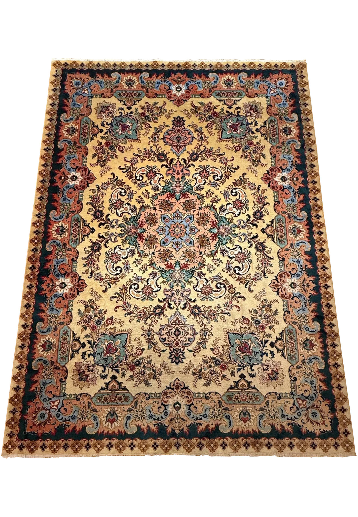 Top view of large Persian Tabriz rug showing ivory background, coral medallion and detailed floral vine structure