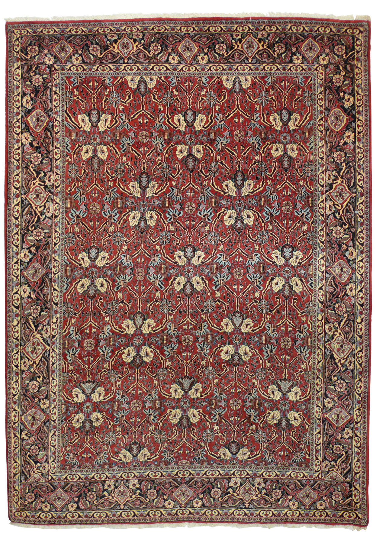 6'8 x 9'2 floral all over Bijar iron rug with brick red field, ivory blossoms, navy outlines, and detailed multicolor border
