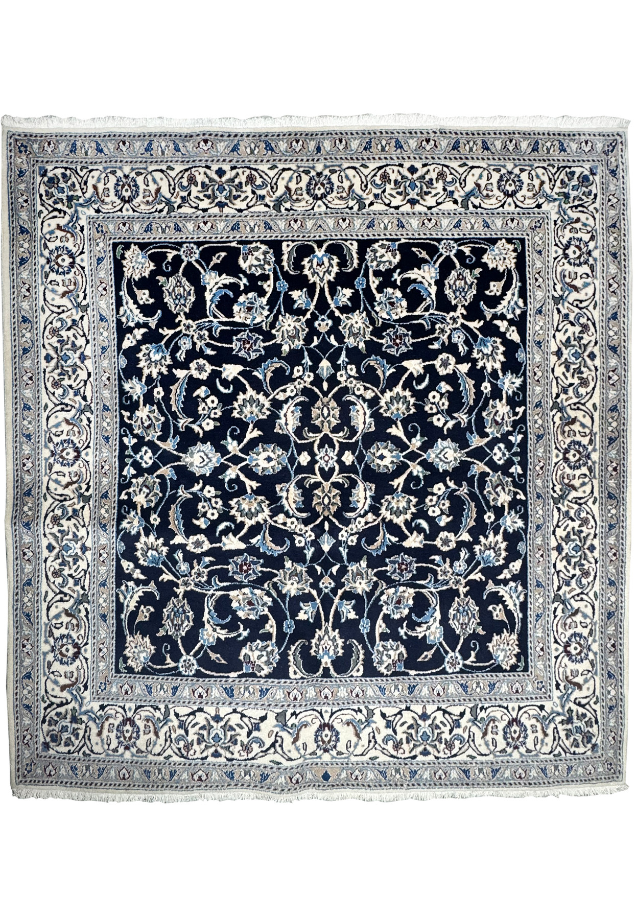 6'6 x 6'8 square Persian Nain rug with navy blue field, ivory floral medallion, and detailed vine scroll design