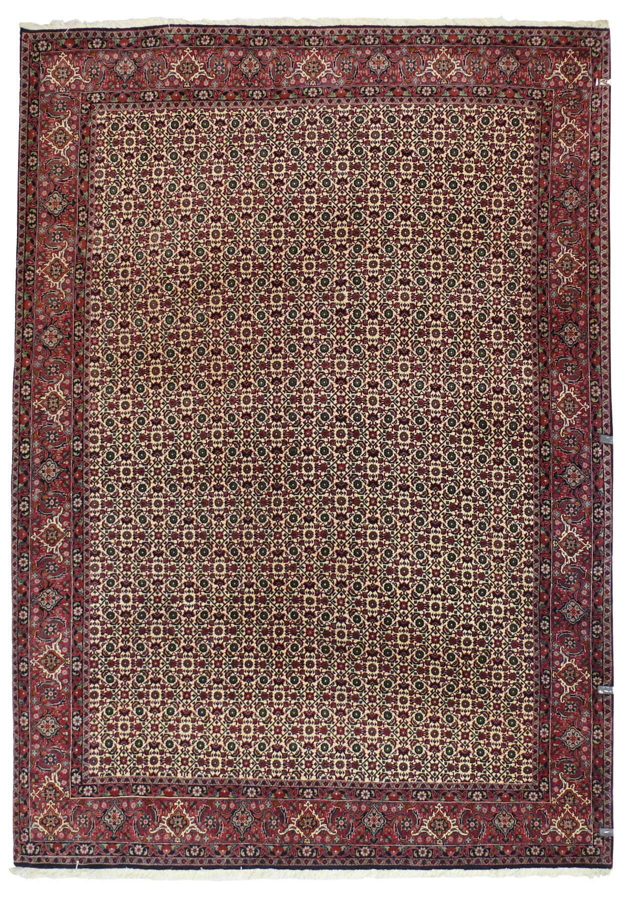 Full front view of 7x9'8 Bijar Persian Iron Rug showing dense burgundy field, repeating floral motifs, and rich red–navy border