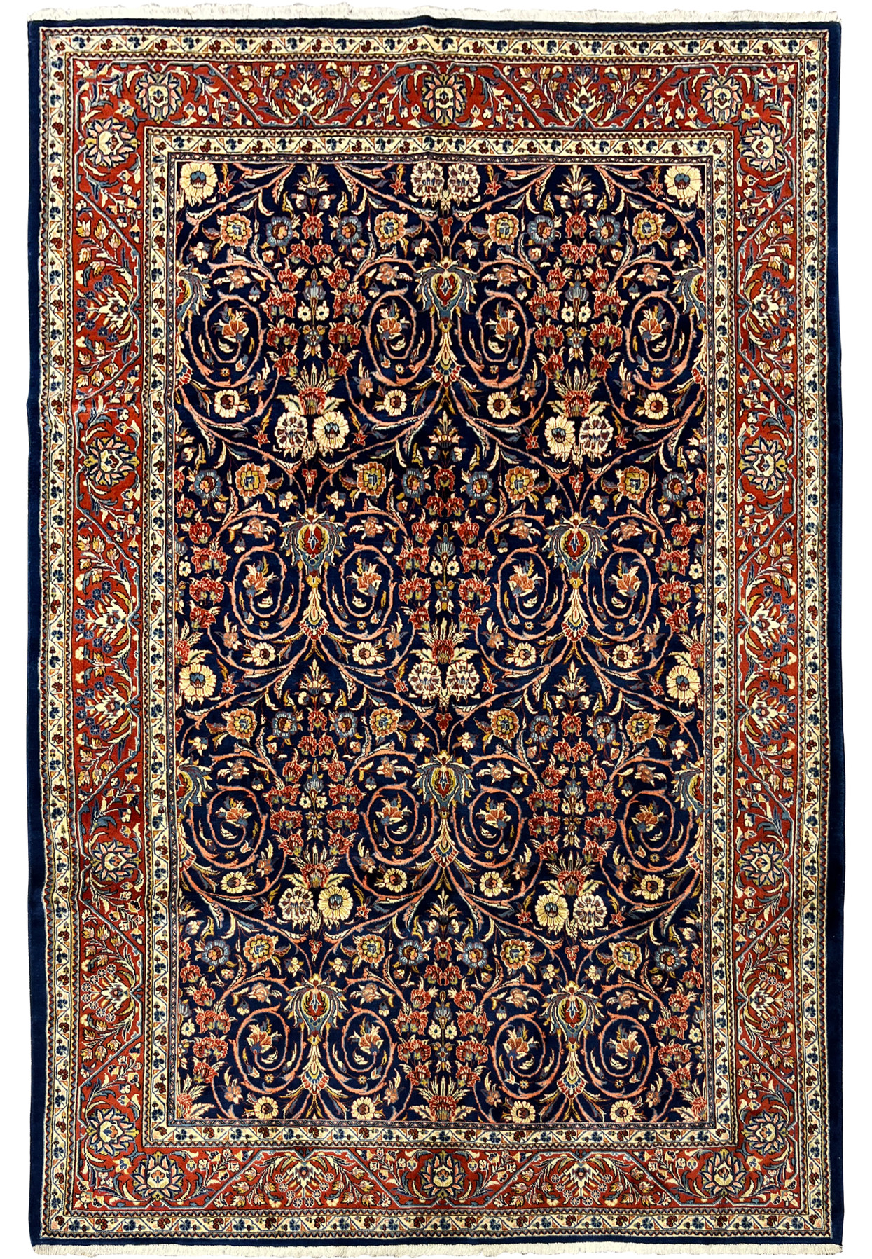 Hand knotted Persian Sarough rug with navy field and floral allover design, 7'2 x 10'8 size