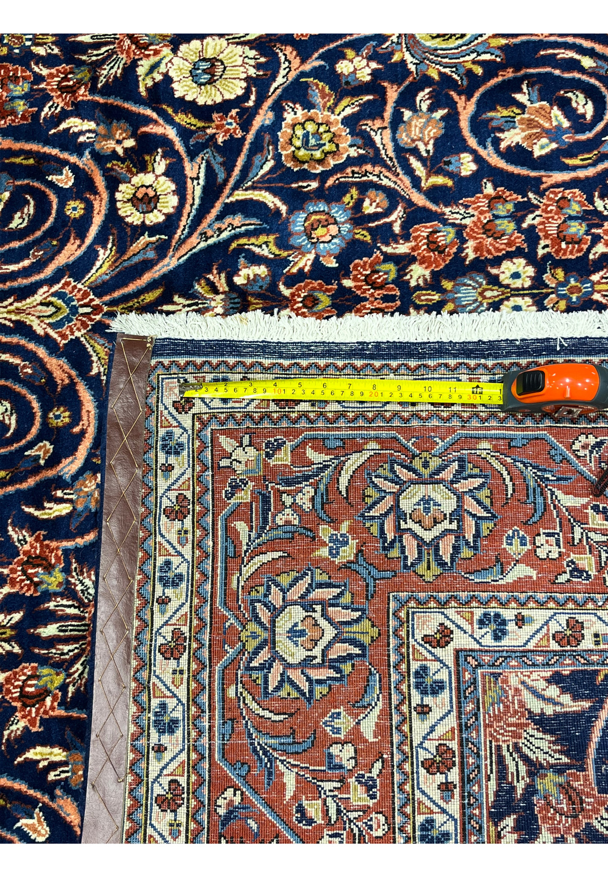 Reverse view of Persian Sarough rug revealing tightly packed hand-knots, straight warp lines, and precise weaving consistency